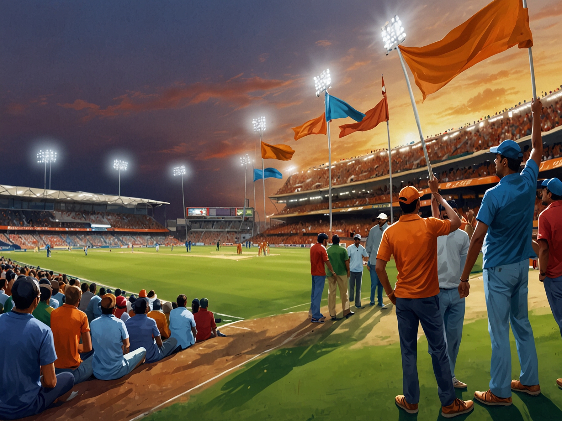 A close-up of a cricket auction event, with team officials and players, illustrating the strategic decisions and emotional stakes involved in the IPL mega auction.