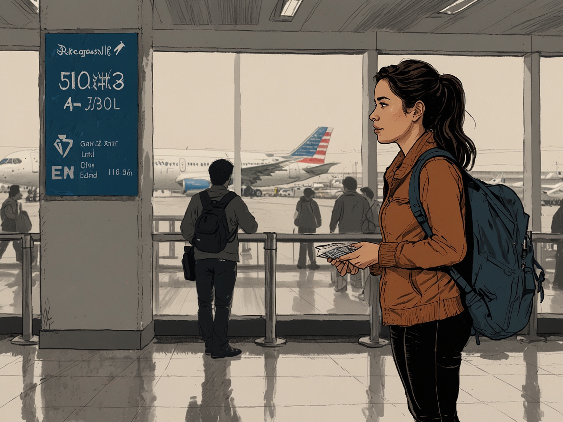 A contemplative Mayra Goñi stands at an airport departure gate, gazing thoughtfully into the distance, symbolizing her transitional journey from the U.S. back to Peru.