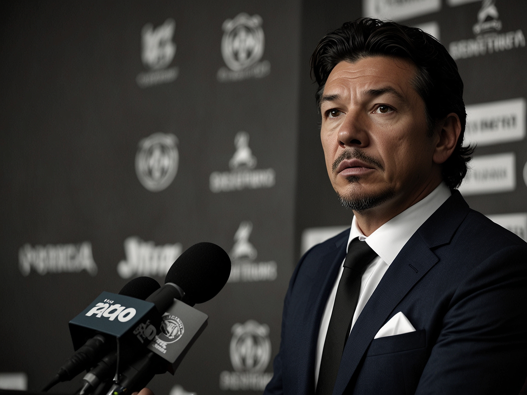 Marcelo Gallardo addressing the media with a serious expression, visibly upset after the game, capturing the intense emotions surrounding the loss and the subsequent violence.
