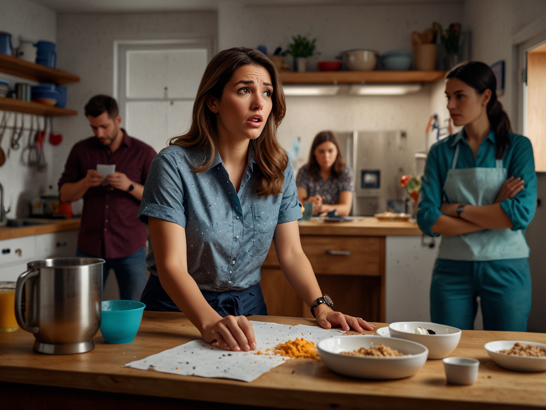 Alejandra Baigorria stands in a chaotic kitchen, visibly frustrated after realizing her blender is missing, with fellow contestants and judges observing her reaction.