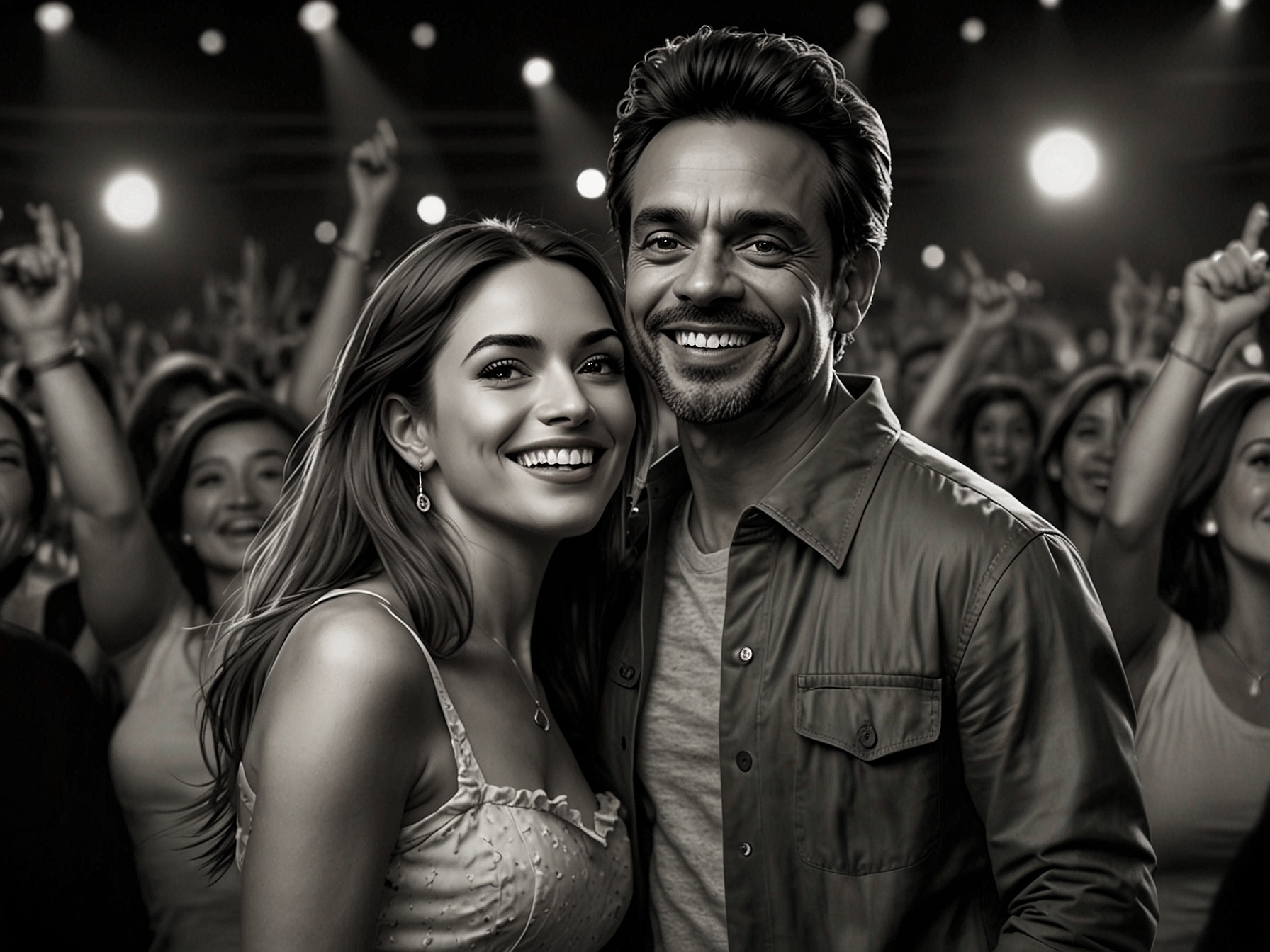 Eugenio Derbez and Silvana Prince smiling proudly while attending Vadhir's concert, surrounded by a crowd enjoying the performance in an intimate setting.