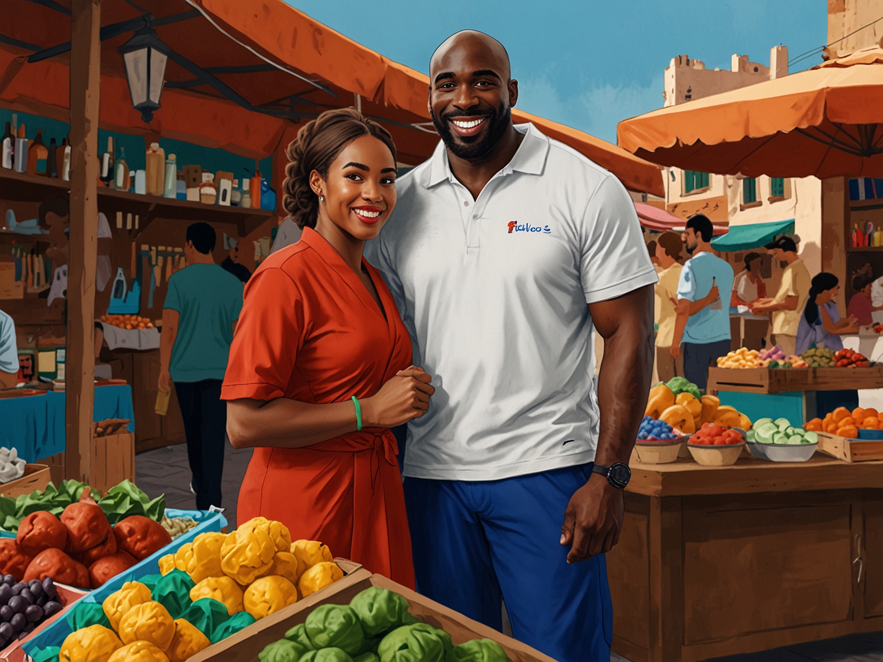 Teddy Riner and Luthna Plocus smiling together, representing their roles as hosts of Love is Blind France, with colorful Moroccan market in the background showcasing the romantic backdrop for contestants.