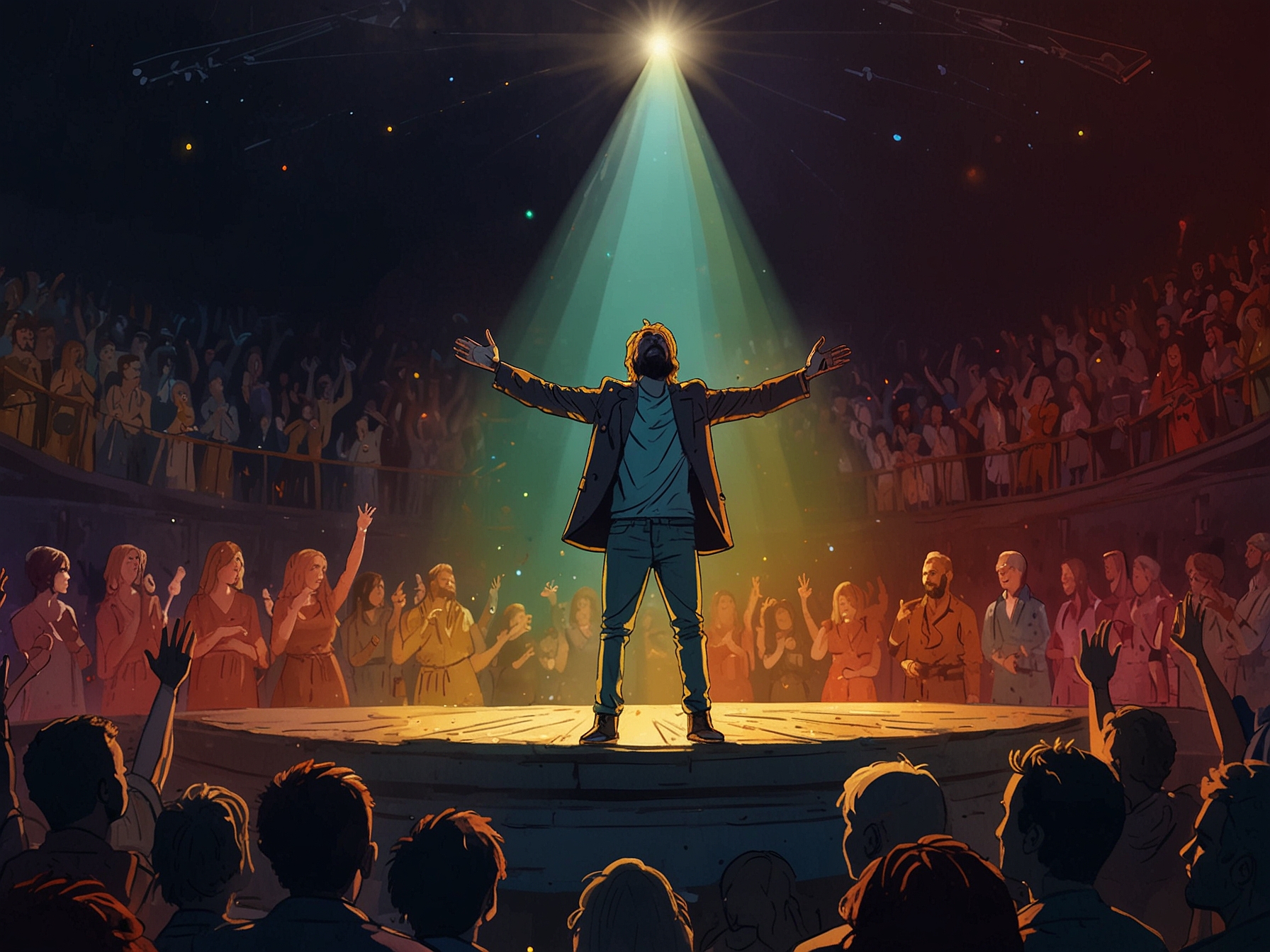 A vibrant concert scene at the Colisée de Chartres, featuring Renaud on stage, passionately performing to an engaged audience, with colorful lights and emotional expressions capturing the connection between the artist and fans.