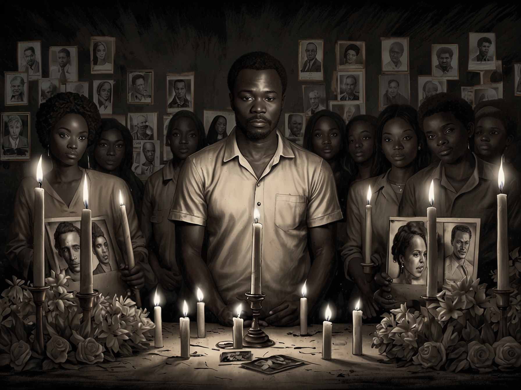 A candlelight vigil with fans and actors honoring Stéphane Zabavy, surrounded by photographs and flowers, representing the deep sorrow felt in Ivorian cinema.
