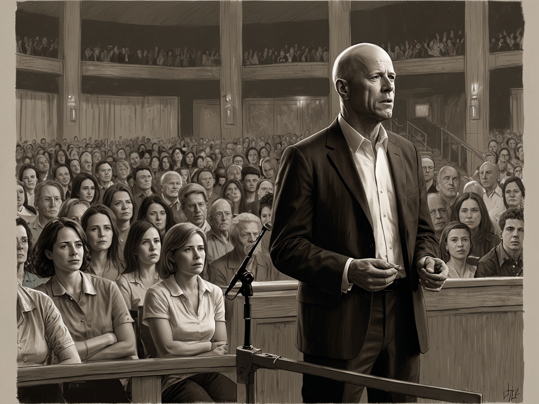 A poignant image capturing Bruce Willis speaking at a public event, showcasing his struggle with speech, with family members supporting him in the background, illustrating the emotional journey of his condition.