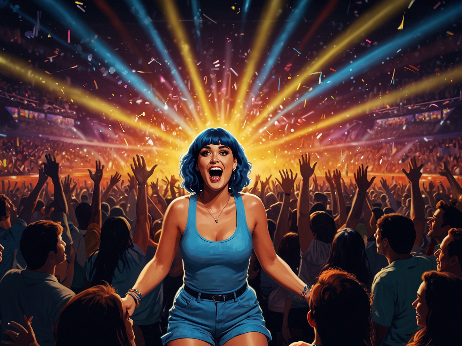 A vibrant scene at the Movistar Arena during a Katy Perry concert, with colorful lights and enthusiastic fans enjoying an electrifying performance.