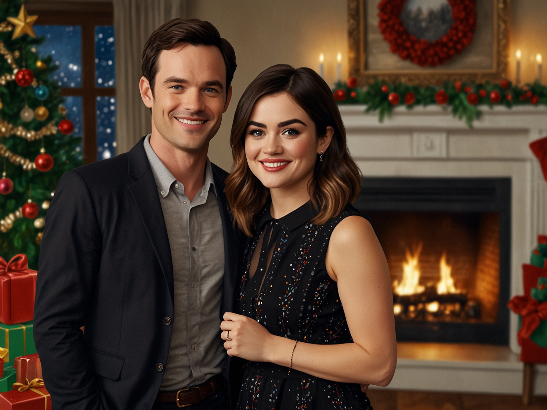 A snowy landscape with cozy holiday gatherings, symbolizing the heartwarming themes of the anticipated rom-com that reflects nostalgia and connection.