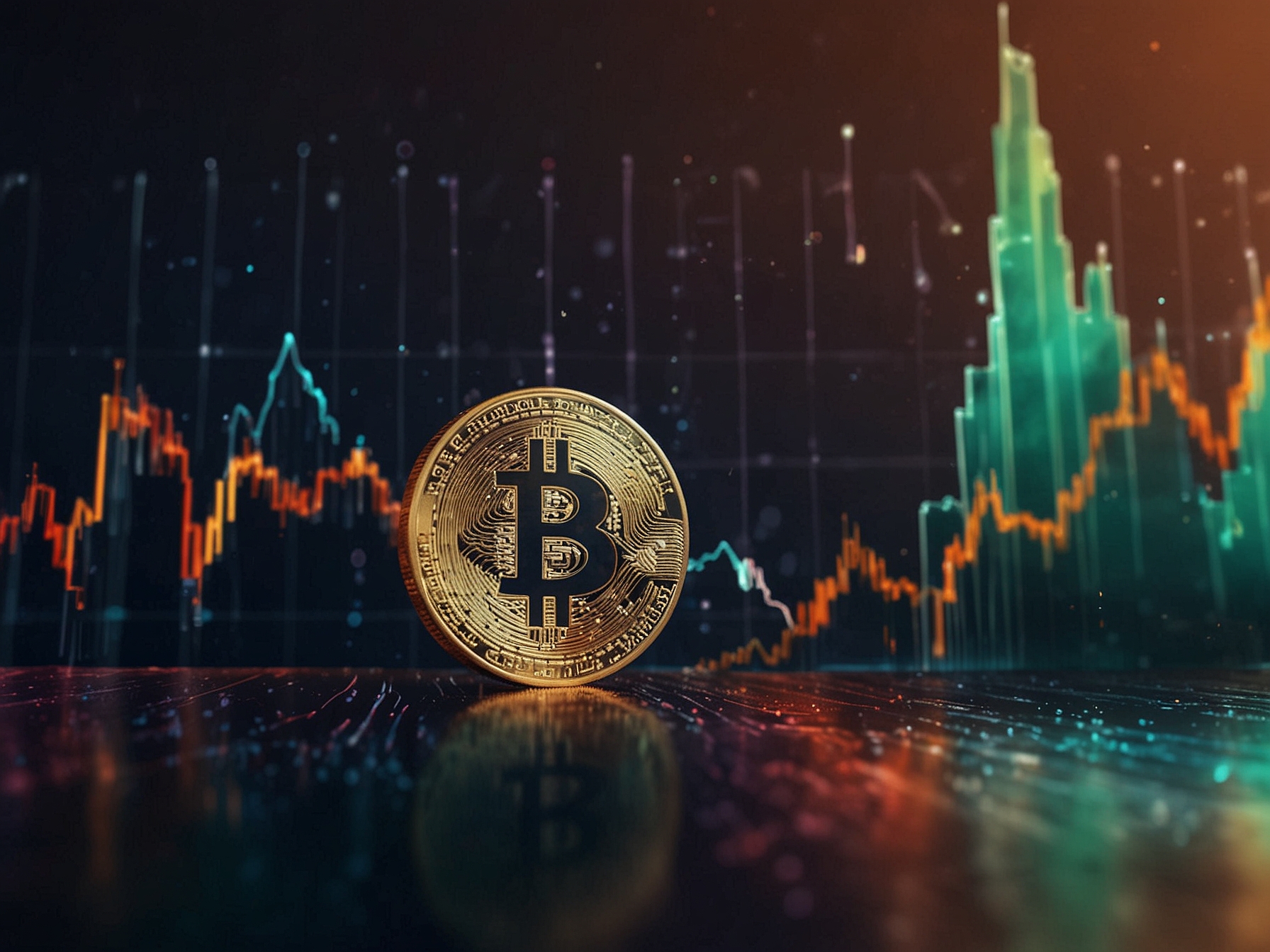A digital representation of Bitcoin coins with a striking upward trend graph in the background, symbolizing its rise to $99,000 and potential to reach $150,000. The image embodies the excitement and volatility of cryptocurrency investments.