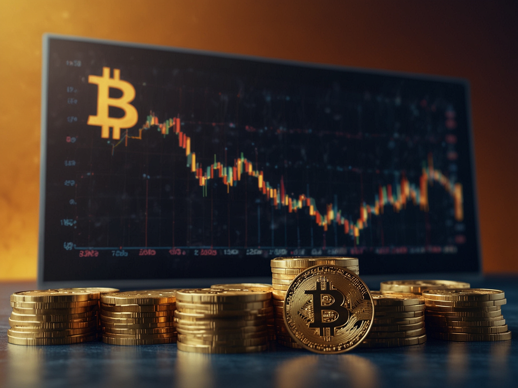 A close-up shot of the Bitcoin logo surrounded by financial data and market analytics, illustrating the factors influencing Bitcoin's surge in value amidst regulatory discussions.