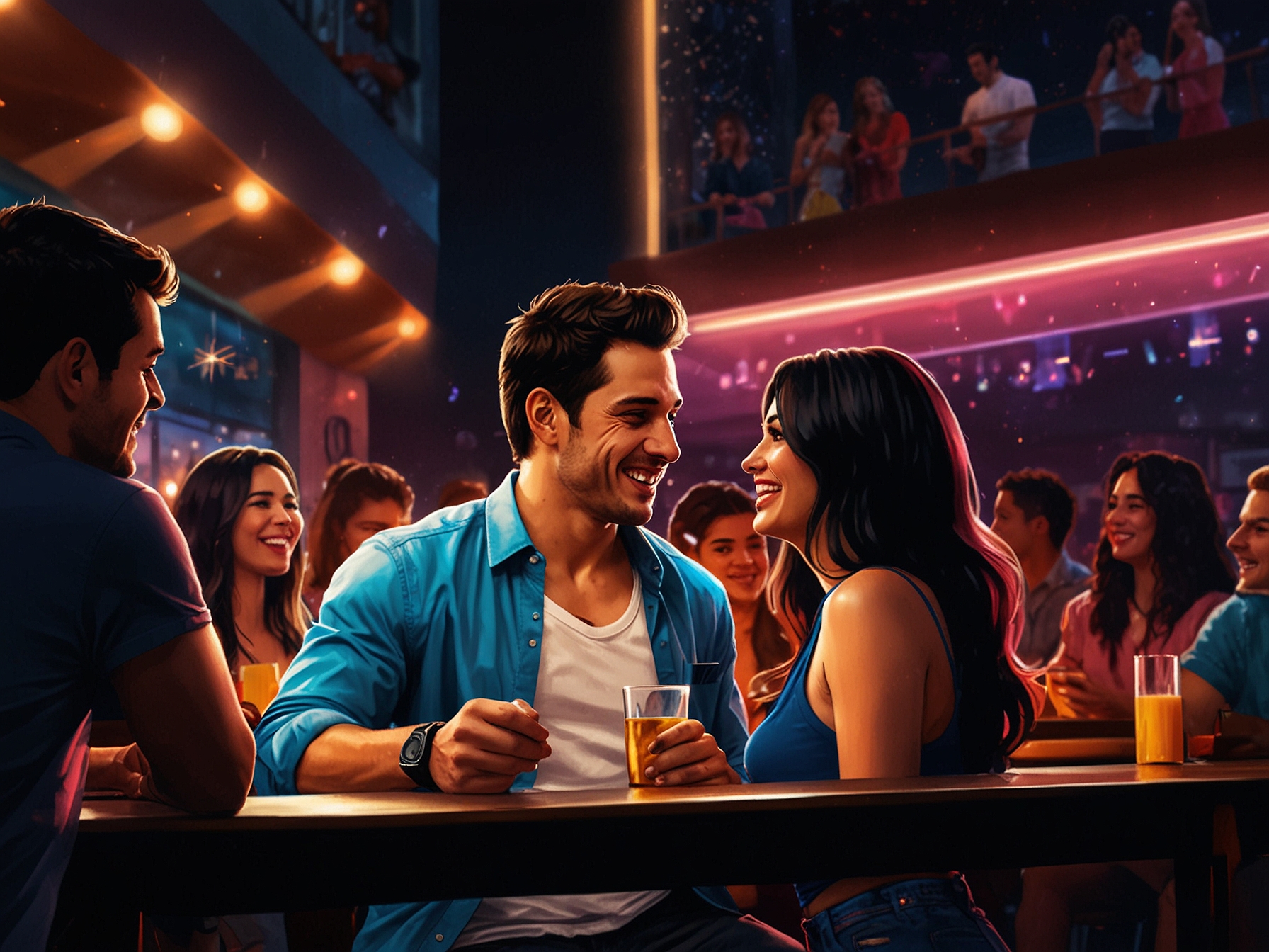 A vibrant club scene with colorful lights where Enzo Fernández and Nicki Nicole might have met, showcasing laughter and excitement, reflecting their potential romance.