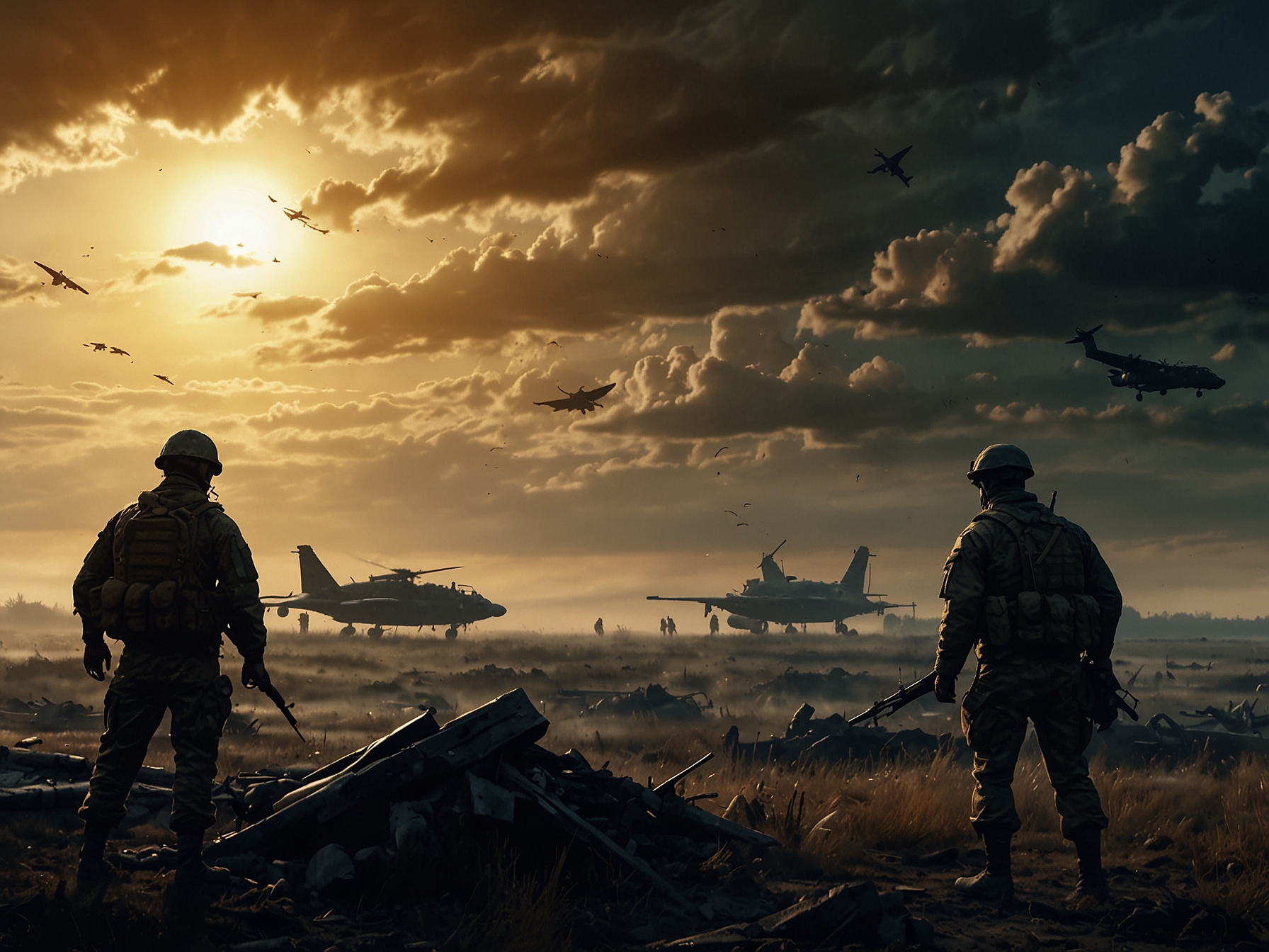 A tense battlefield scene showing Ukrainian and allied troops preparing for conflict, with the silhouettes of military aircraft flying overhead against a dramatic sky.