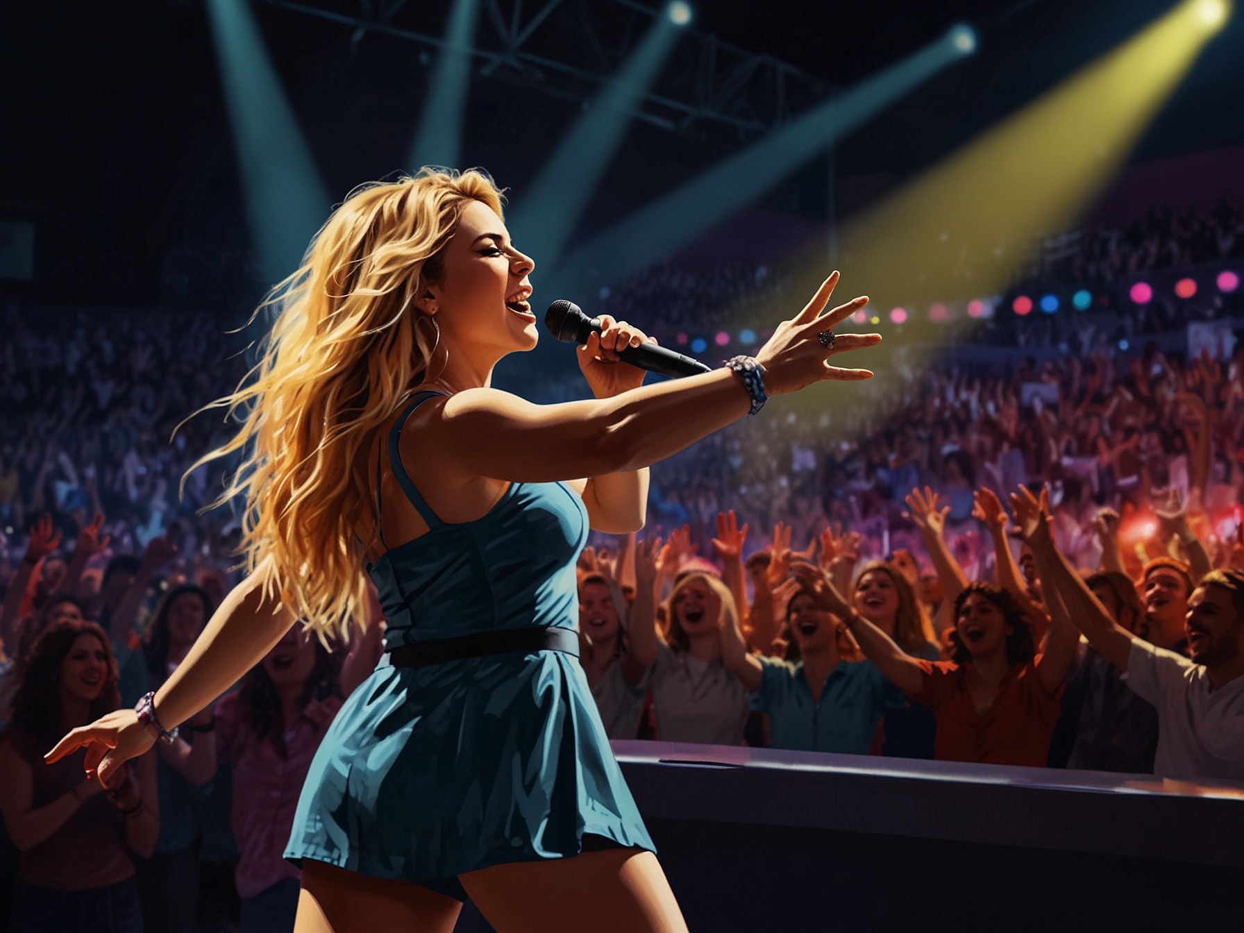 An aerial view of Estadio GNP filled with fans eagerly waiting for Shakira's performance, capturing the scale and intensity of her seventh concert announcement.
