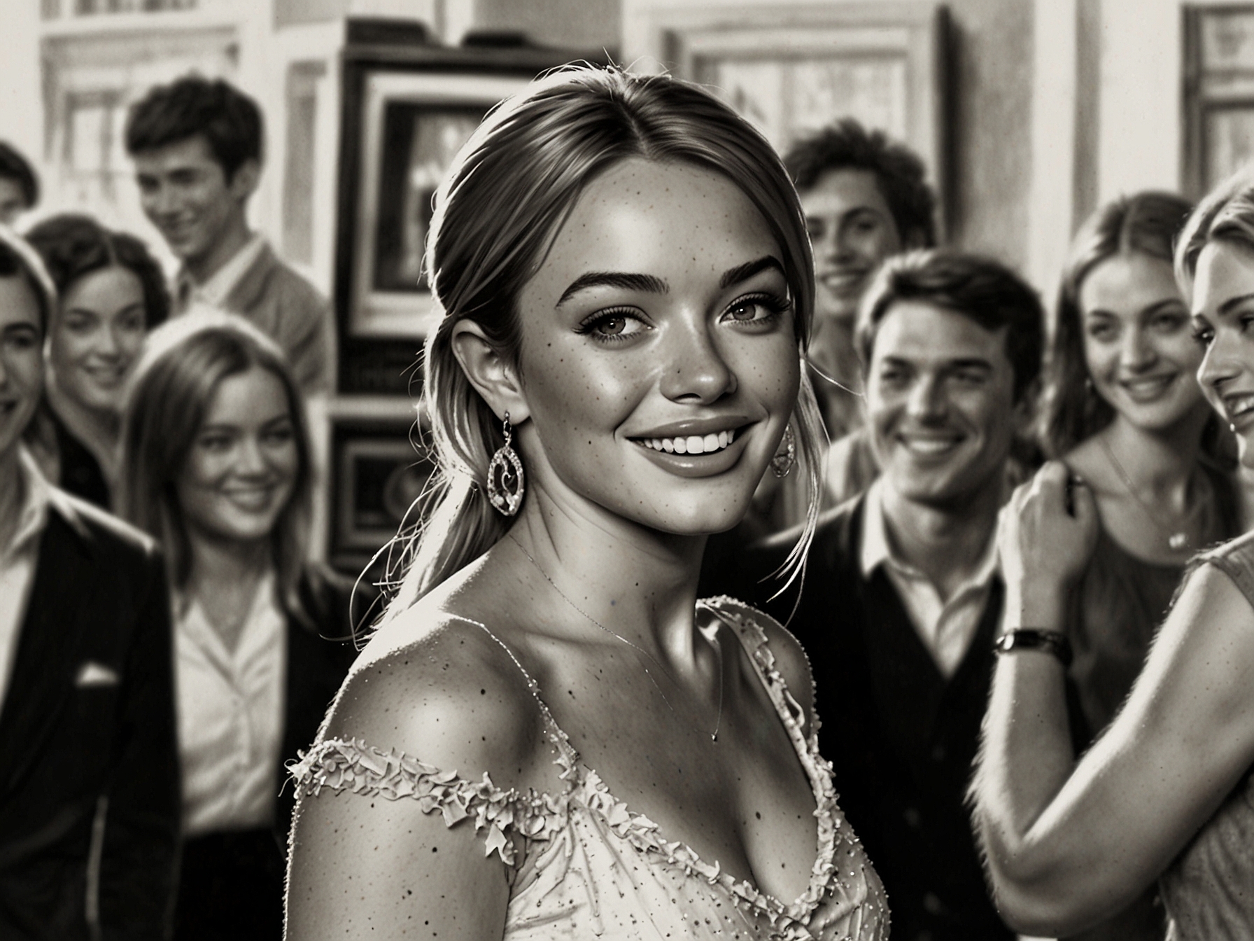 An image of Lindsay Lohan at the 'Parent Trap' premiere, smiling confidently, surrounded by photographers and fans, embodying youthful energy and joy.