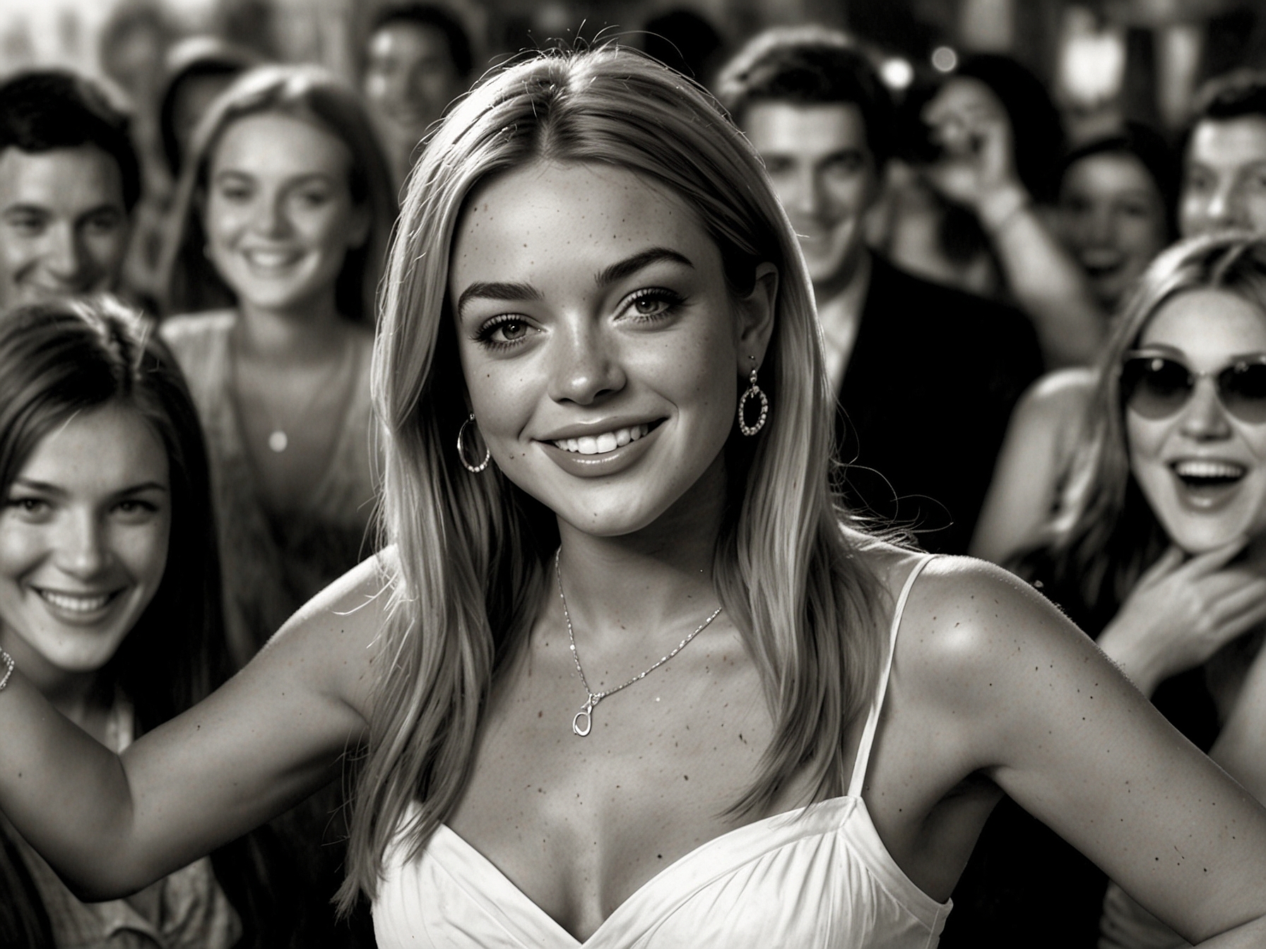 A candid shot of Lindsay Lohan backstage during a talk show, reflecting on her career with a thoughtful expression, surrounded by memories of her past.