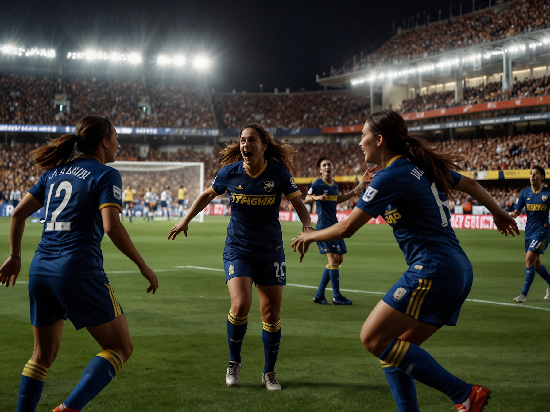A vibrant scene depicting the electrifying atmosphere of the Women's Superclásico, with Boca Juniors players celebrating a goal while River Plate's fans look on in disappointment. The intensity of the rivalry is palpable as these fierce competitors face off on the pitch.