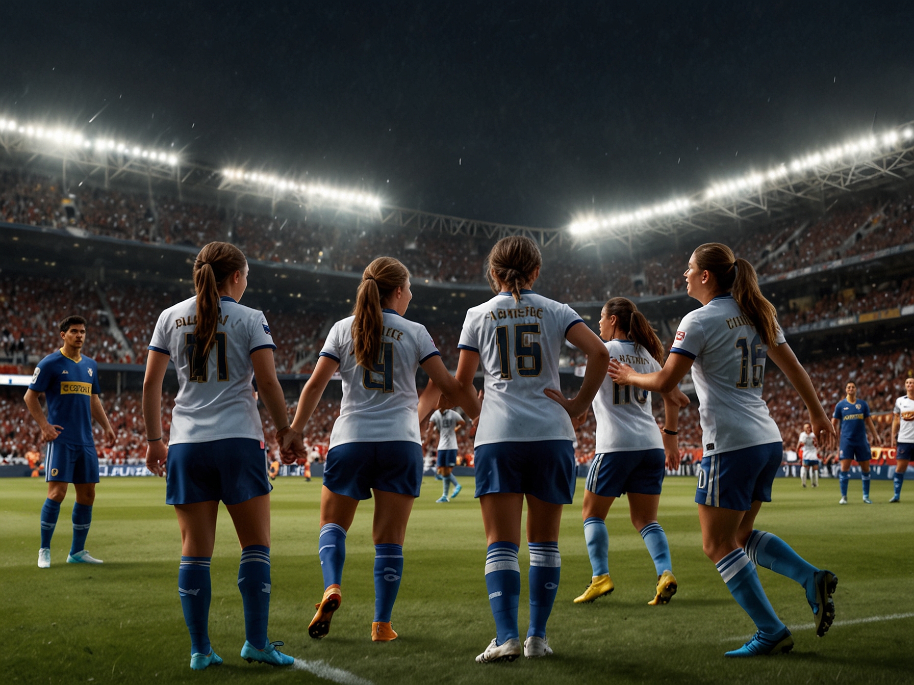 Players from both teams engaging fiercely during the match, with River Plate's Milagros Díaz in action, showcasing determination and hope even amidst the challenging circumstances of the game. Passion and rivalry are on full display.