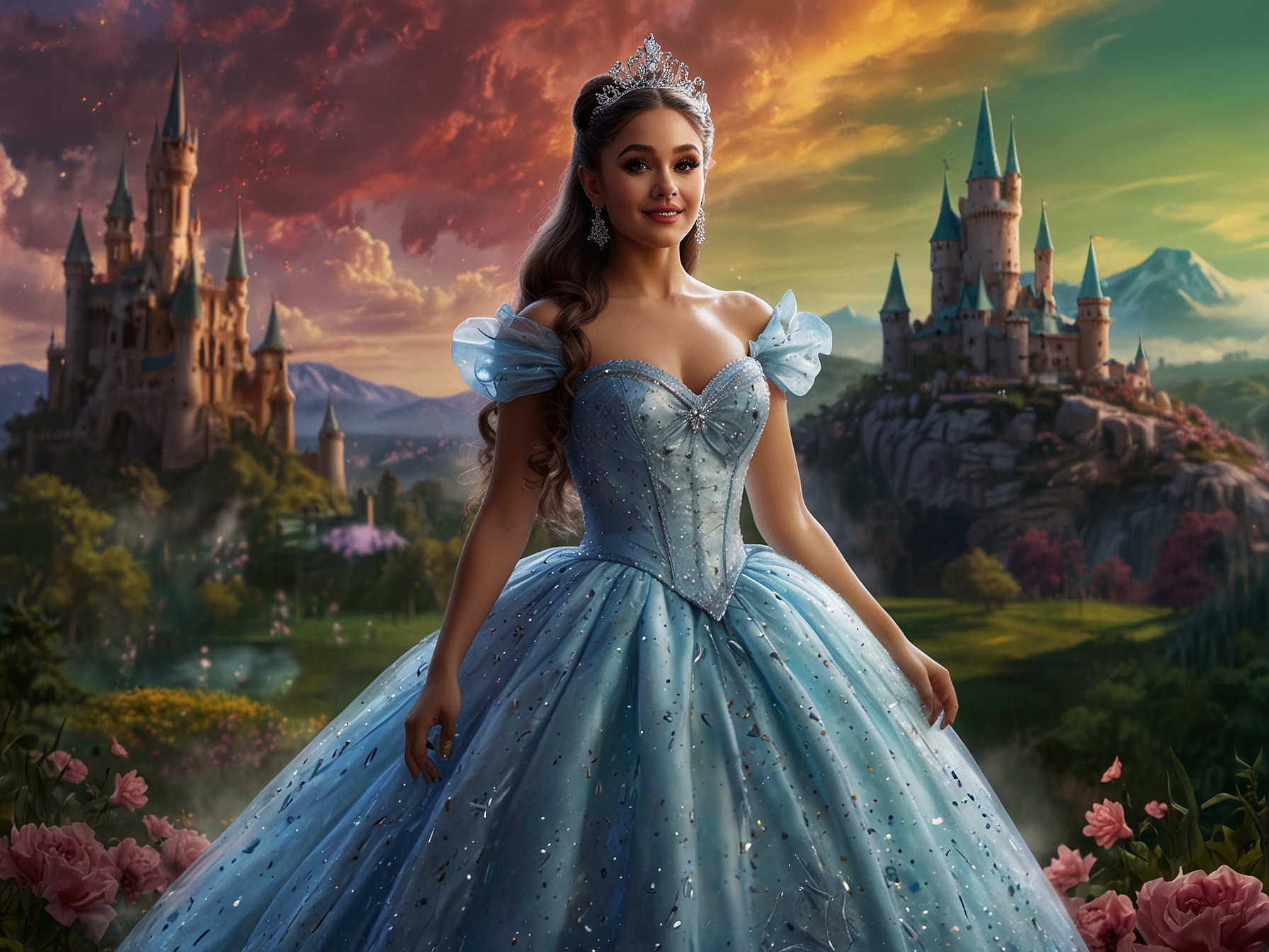Ariana Grande as Glinda in 'Wicked', showcasing her colorful costume and charming personality against a whimsical background of the magical Oz.