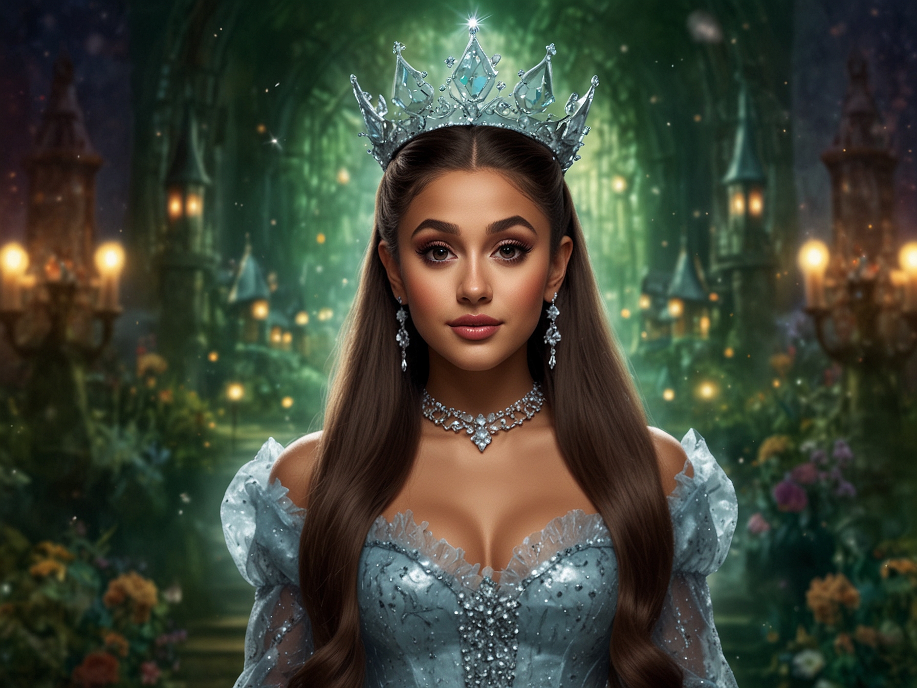 A collage of key characters from 'Wicked', including Ariana Grande as Glinda, capturing the film's vibrant and enchanting visual themes.