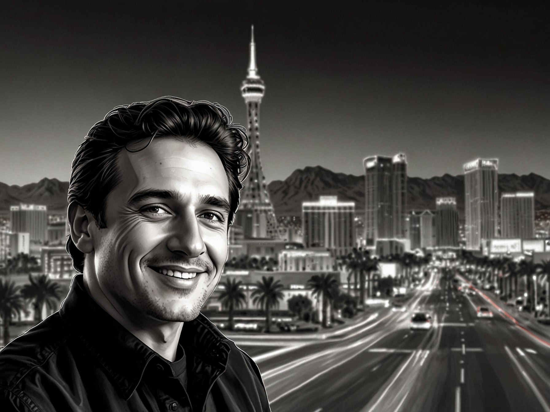 Franco Colapinto smiling with the Las Vegas skyline in the background, surrounded by the buzz of the Formula 1 atmosphere, capturing the light-heartedness of the event.