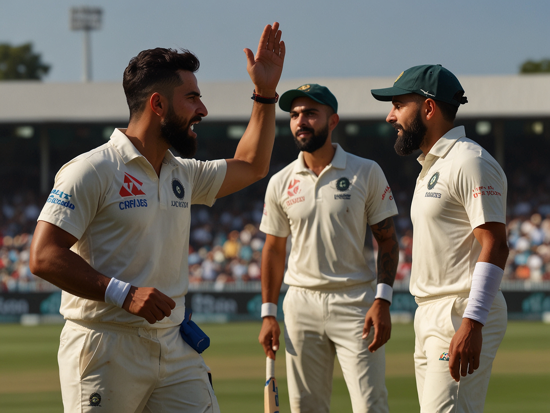 An intense moment captured during the 1st Test match, showing Mohammed Siraj and Marnus Labuschagne in a heated exchange, with Virat Kohli looking on, embodying the competitive spirit of cricket.