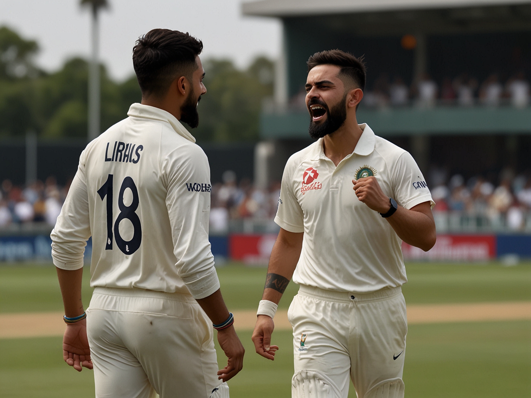A dramatic portrayal of Day 1's action, featuring Indian bowlers celebrating a wicket while the Australian batsmen strategize, showcasing the heightened emotions of the match.