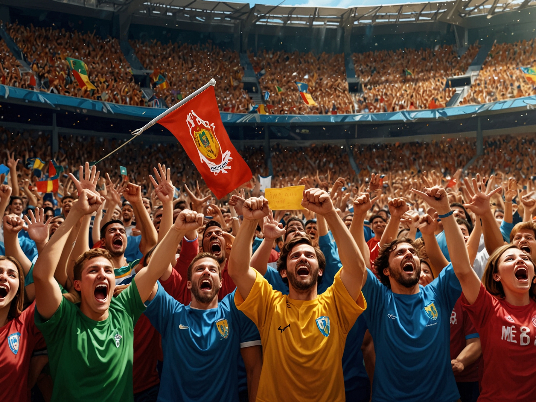 A vibrant scene depicting Sportivo Trinidense fans celebrating wildly in the stands, displaying their team's colors and banners as they cheer on their players during the dramatic match.