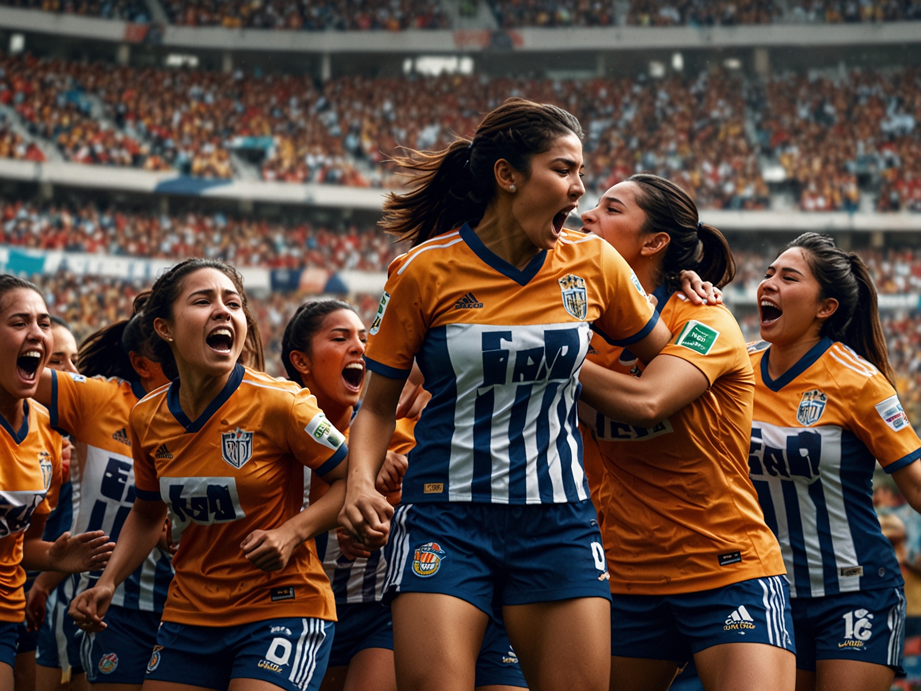 An intense moment captured during the Liga MX Femenil finals, with players from Rayadas and Tigres showcasing their skills on the pitch under the stadium lights.