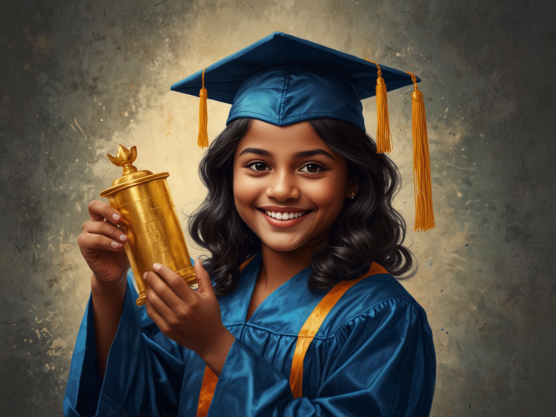 A nostalgic childhood photo of Samyuktha Menon wearing a graduation cap and gown, holding a trophy with a bright smile, radiating innocence and joy.