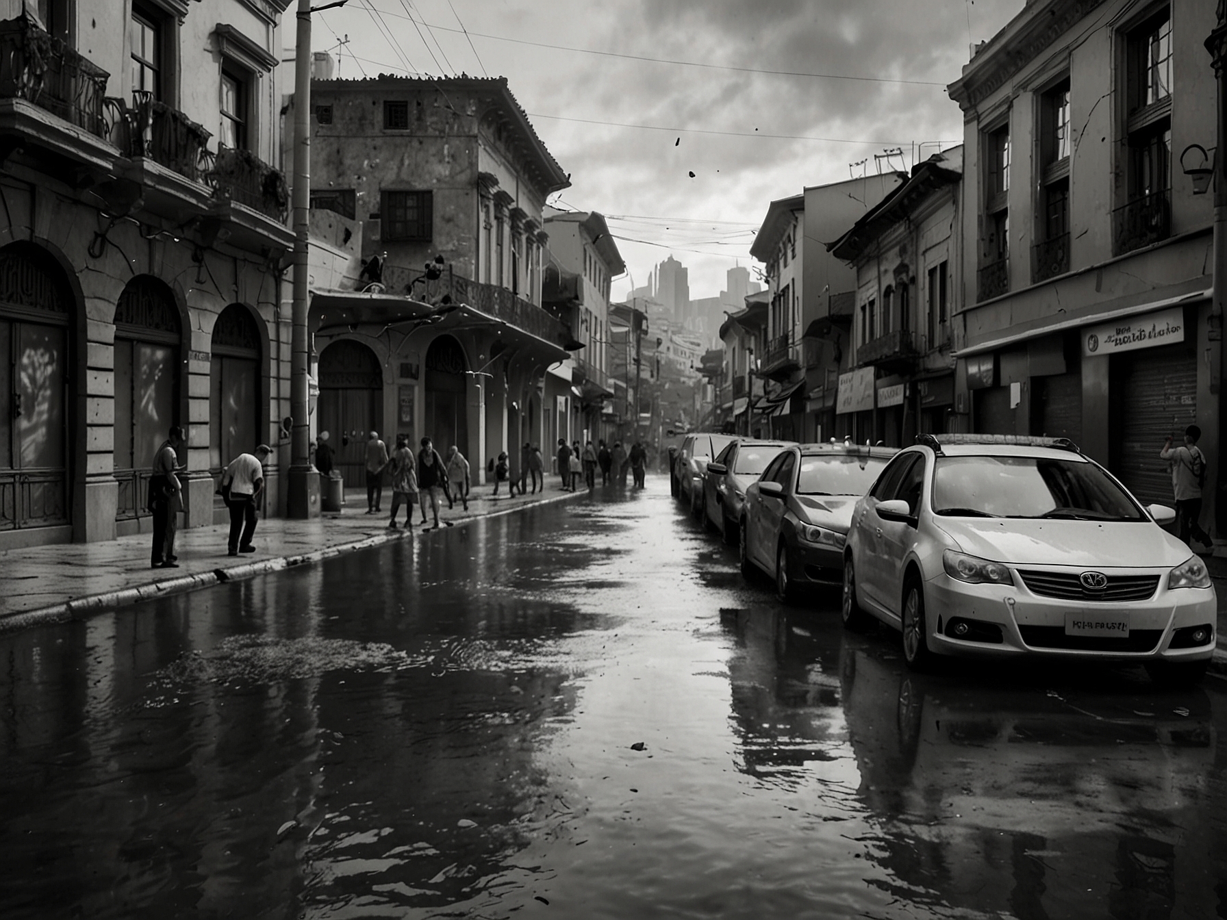 A bustling Bogotá street after severe flooding showing cars stuck in water, with firefighters using pumps to drain water and residents navigating the chaos.
