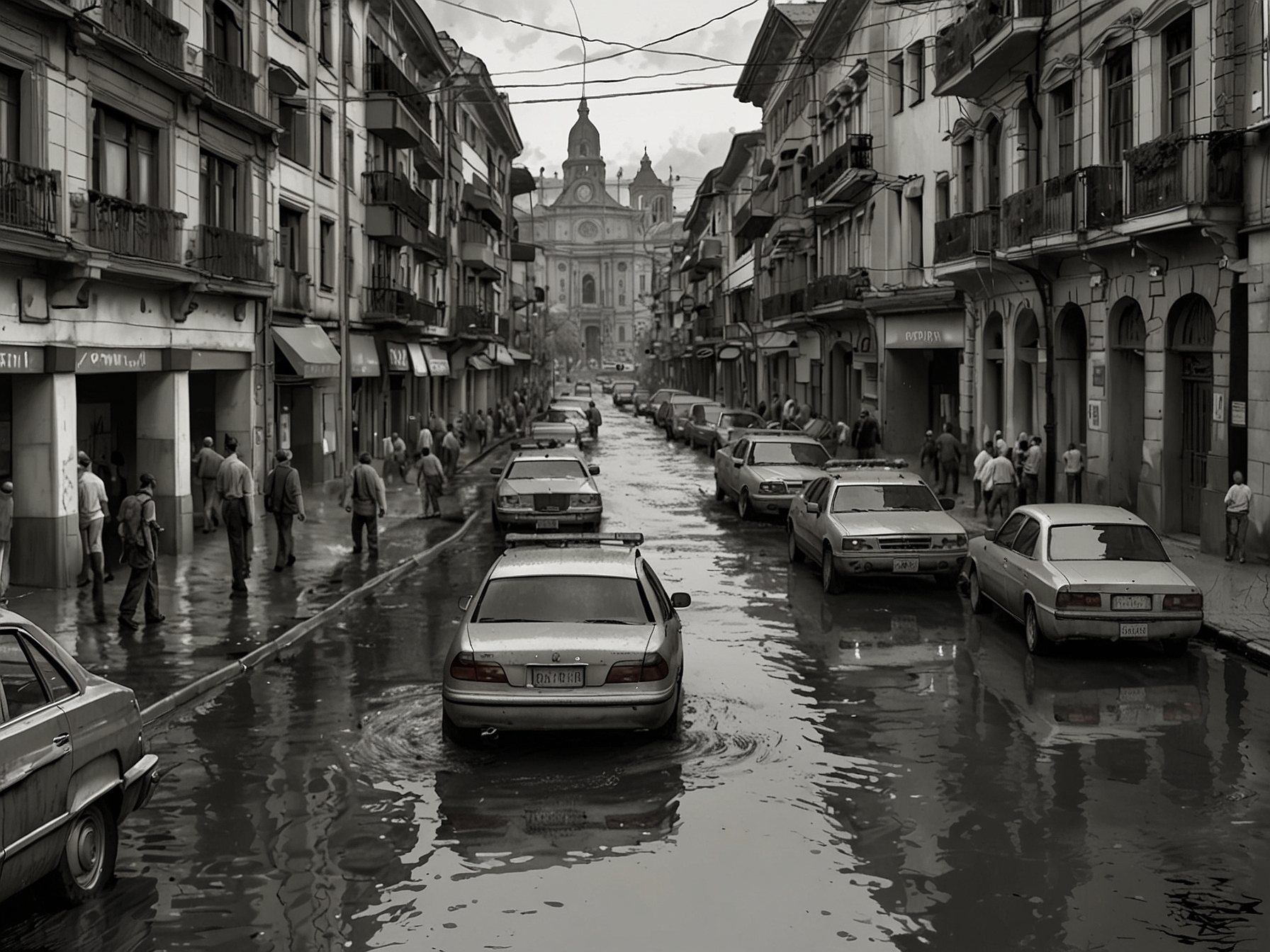 A community gathering where local residents are helping each other recover from the flooding, showcasing solidarity and resilience amidst the aftermath of the disaster.