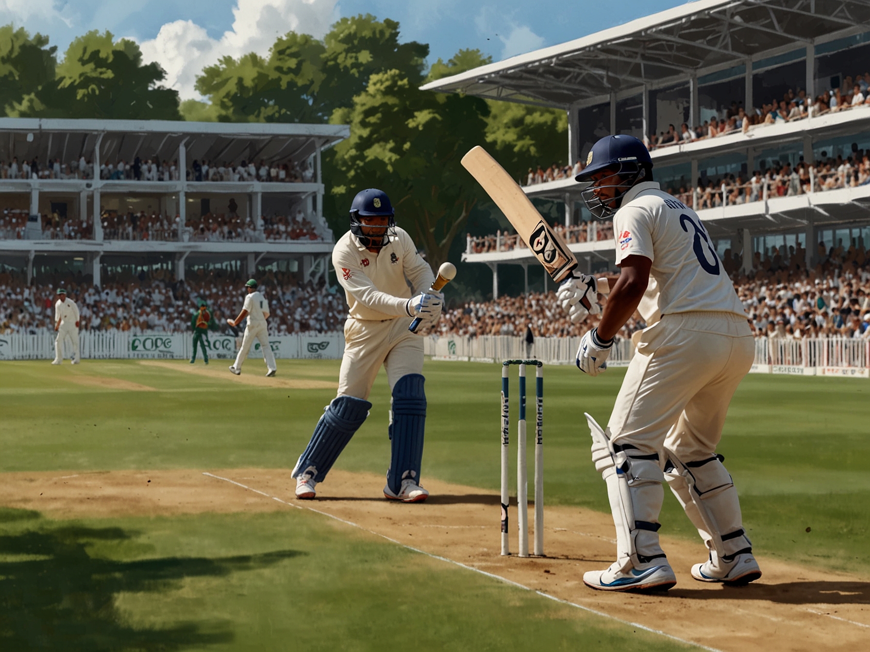 A tense moment on the cricket field showing Mikyle Louis and Alick Athanaze batting, with the audience captivated as they approach their centuries against Bangladesh.
