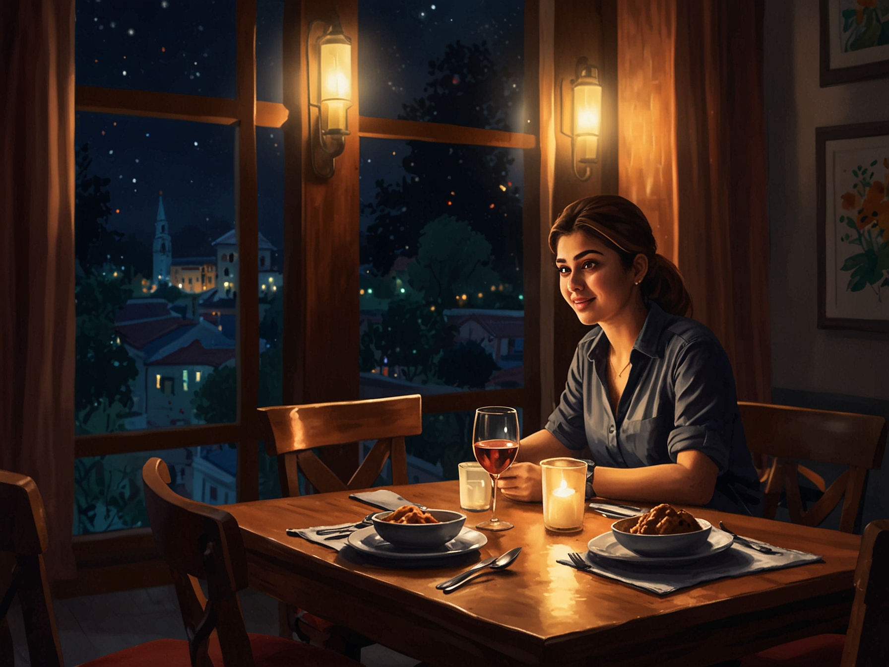 A cozy dinner table set for two in a bustling restaurant, illuminated by warm lights, encapsulating the intimate atmosphere of Nayanthara's birthday celebration.