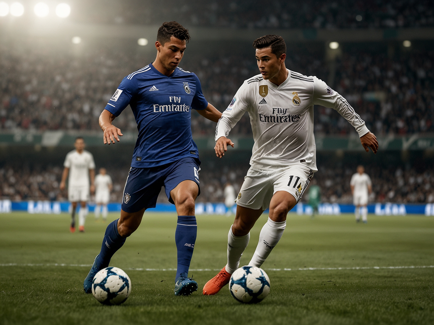 Julián Quiñones and Cristiano Ronaldo in action on the pitch, showcasing their competitive spirit and skill as they battle for possession during the thrilling Saudi League match.