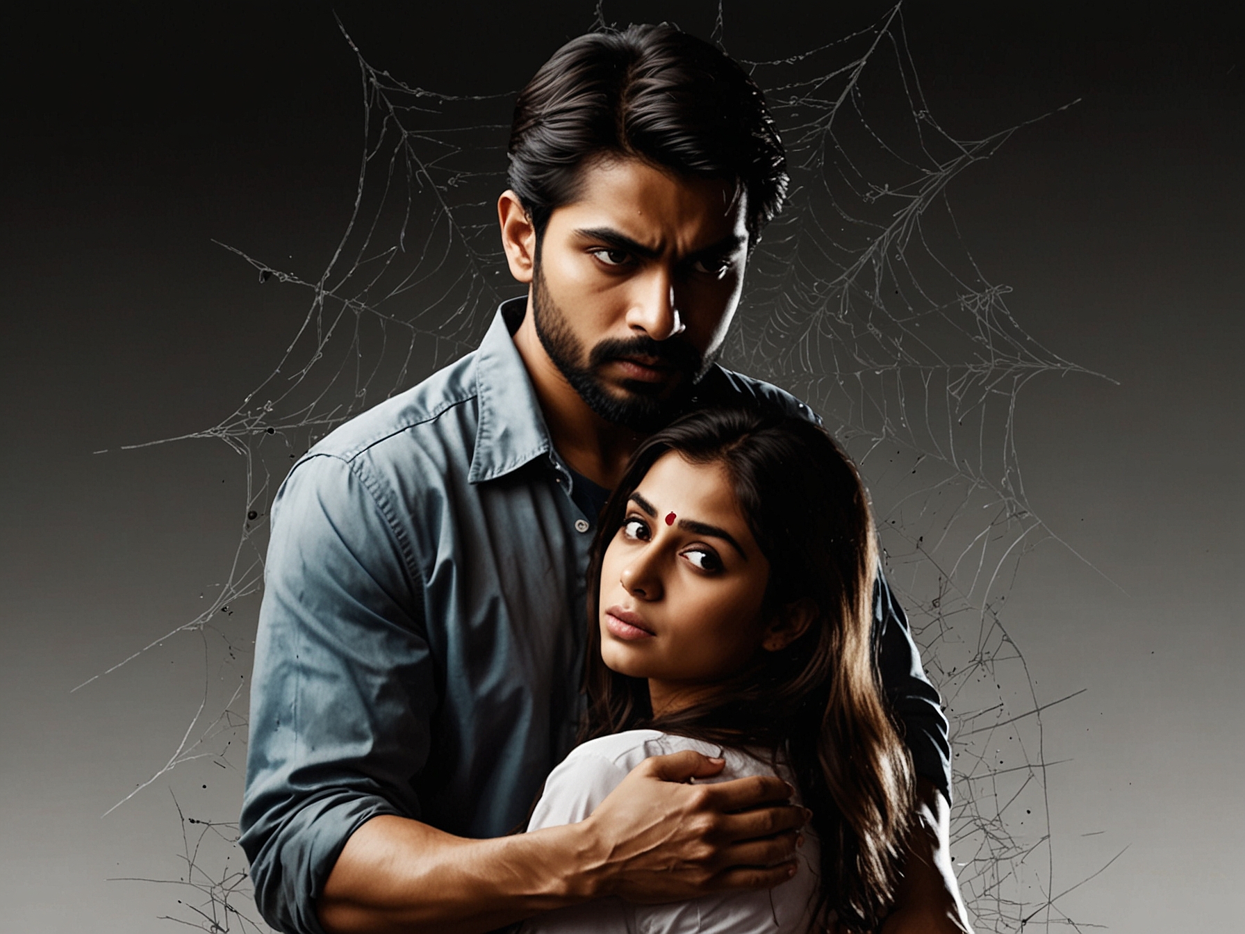 A dramatic shot of Purva looking distressed, symbolizing her obsessive nature and the turmoil it causes in the relationships around her as the plot unfolds.
