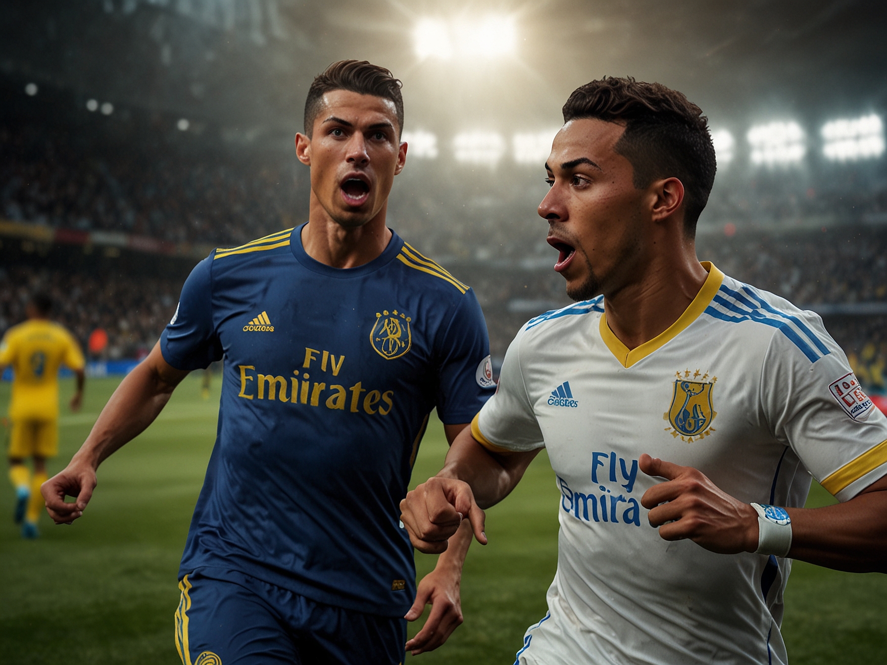 An intense soccer match scene featuring Cristiano Ronaldo dribbling the ball with determination, while Pierre-Emerick Aubameyang celebrates a goal in the background, depicting the showdown between Al Nassr and Al Qadsiah.