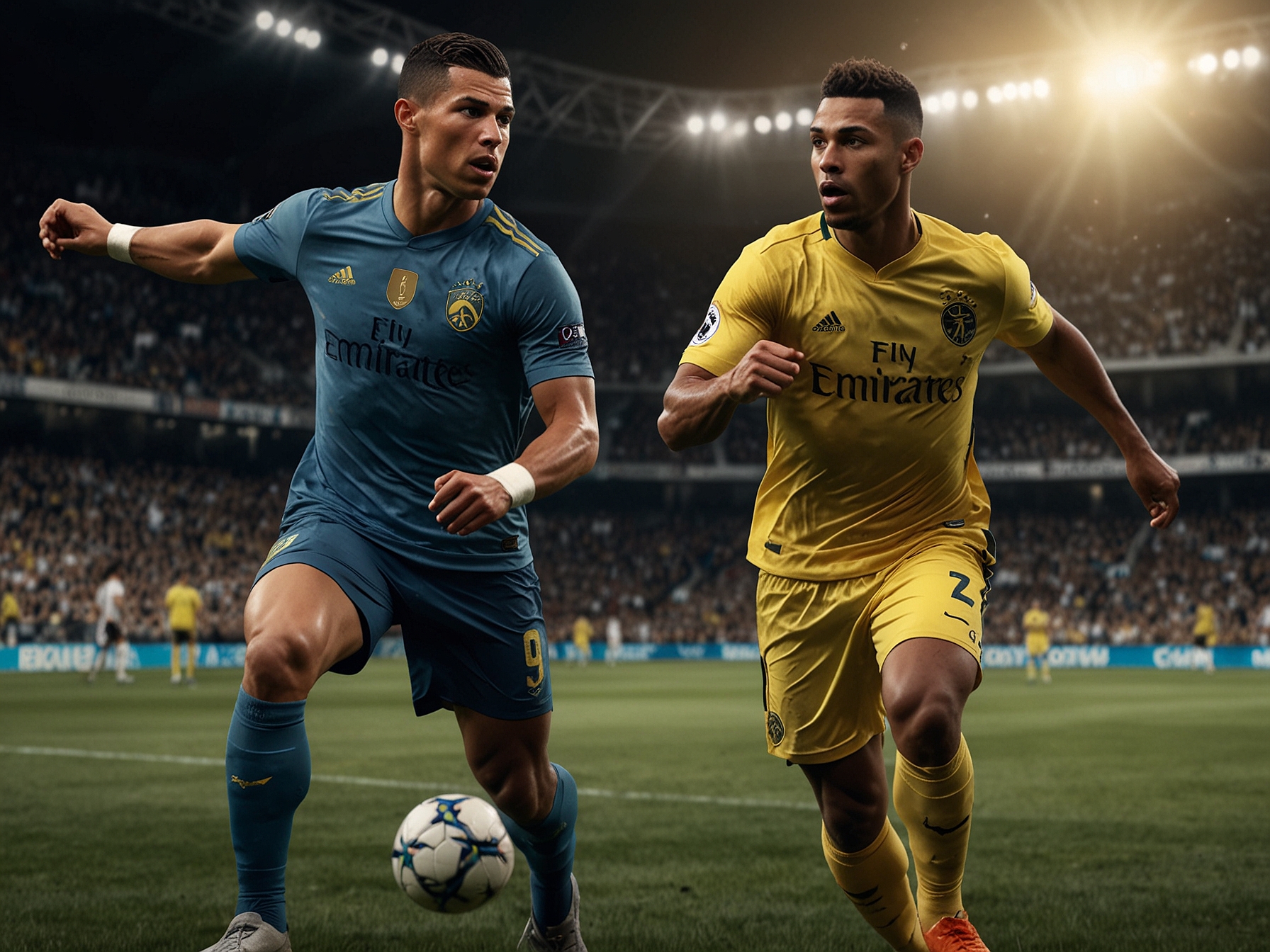 A dynamic image showing Al Qadsiah players celebrating their victory, with Julián Quiñones and Aubameyang prominently featured, showcasing their teamwork and highlighting the thrill of unexpected triumphs.
