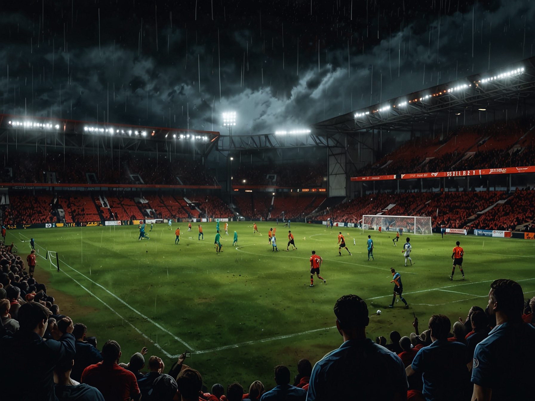 A dramatic scene depicting the fierce rivalry between Bournemouth and Brighton, showcasing fans in vibrant colors, rain-soaked players battling on the field, and the electric atmosphere of a live derby match.