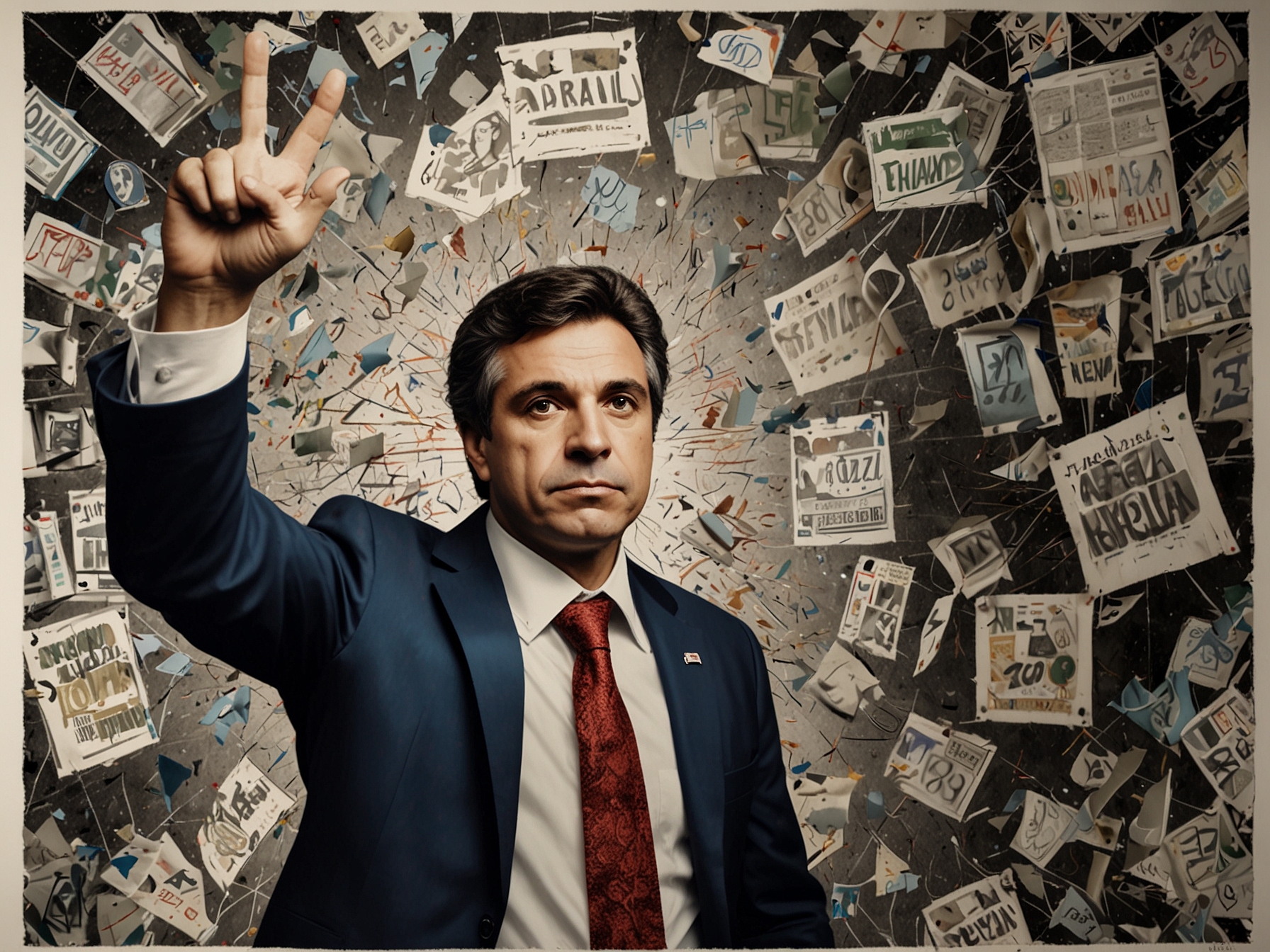 A dramatic illustration depicting Fernando Cerimedo amidst political symbols, digital screens, and fragments of election campaigns, highlighting the chaos in Brazil and Argentina.