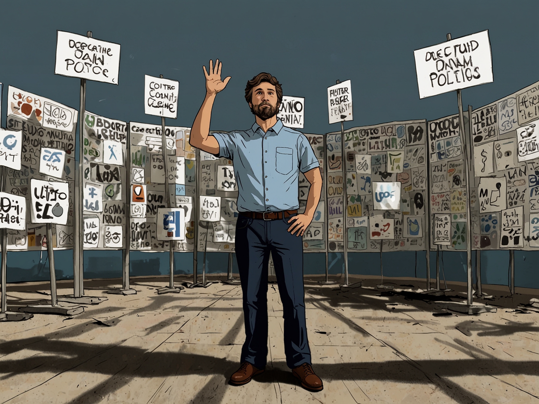 A digital illustration of Gordo Dan standing in front of a polarizing political backdrop, featuring social media symbols and protest signs, highlighting his influence in Argentine politics.