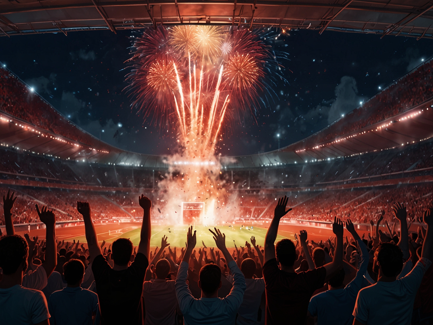 A vibrant scene at the Allianz Arena during the match, with jubilant Bayern Munich fans celebrating Kane's hat trick, fireworks lighting the sky above the stadium.