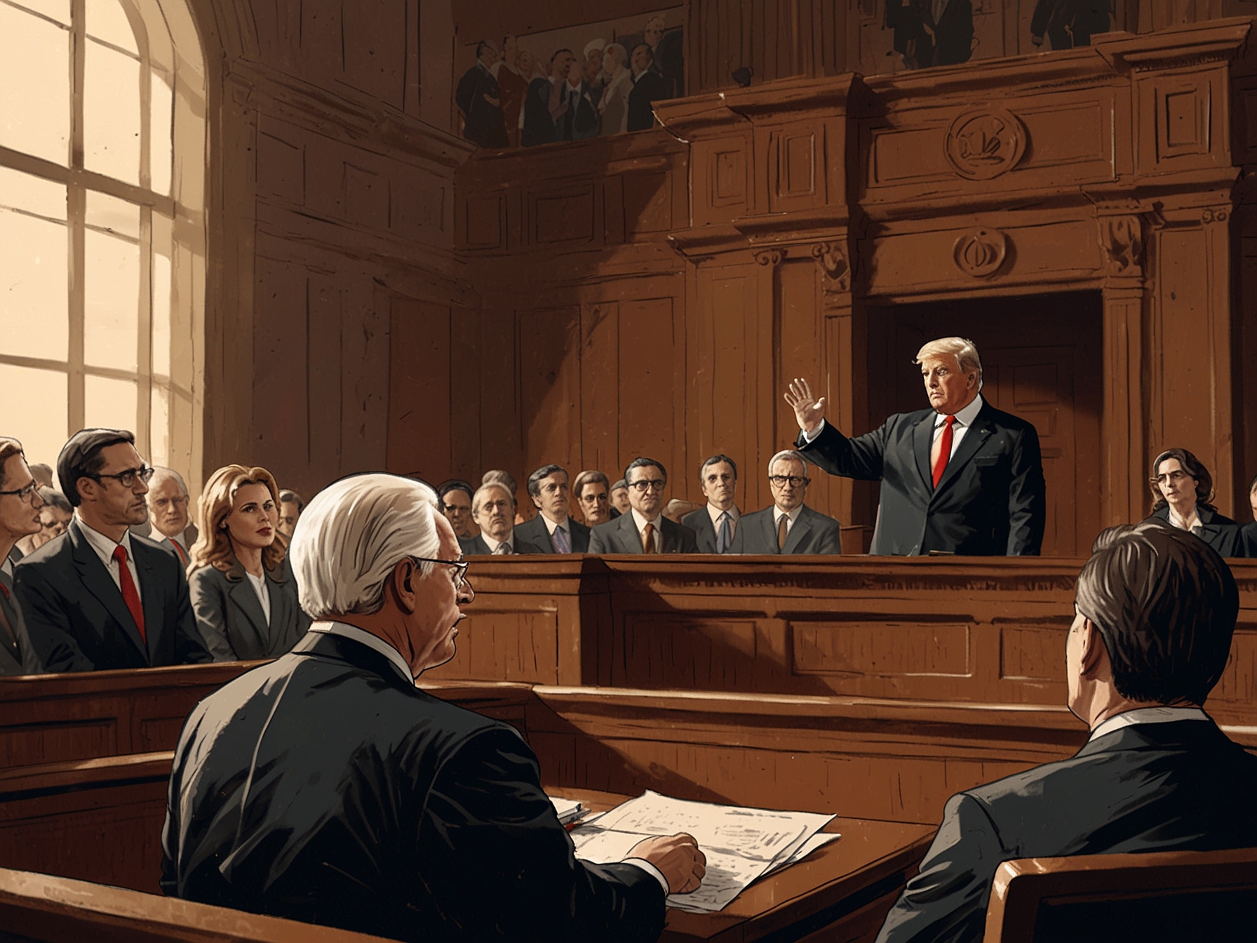 A courtroom scene depicting Judge Juan Merchan announcing a significant ruling, with Trump supporters and critics expressing contrasting emotions in the audience. The atmosphere is tense, highlighting the divide in public opinion.