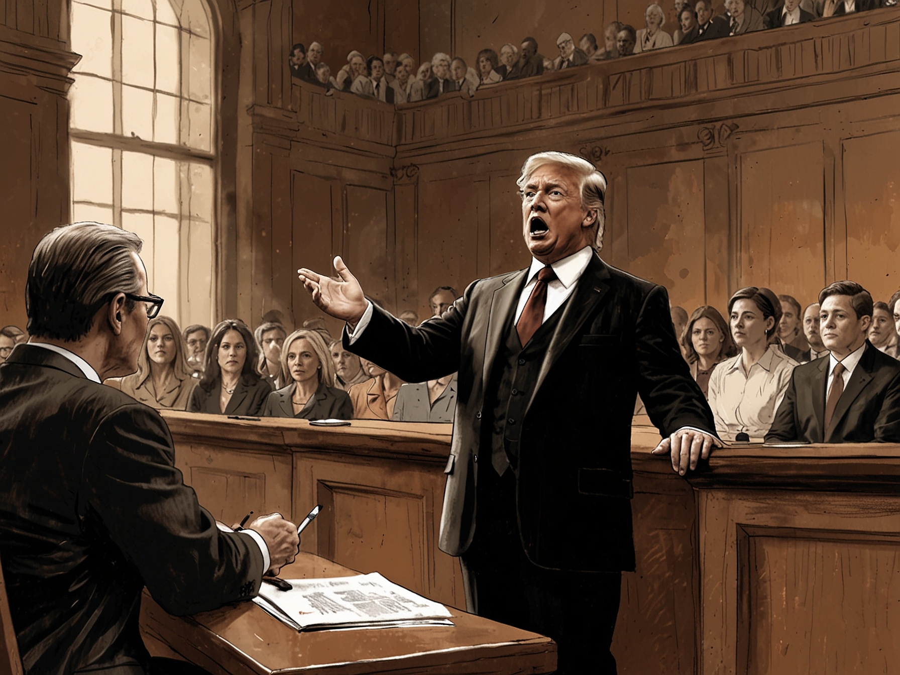 A split image showcasing Trump celebrating the judge's ruling on one side, while on the other side, individuals protest, holding signs demanding accountability and justice in the political realm.