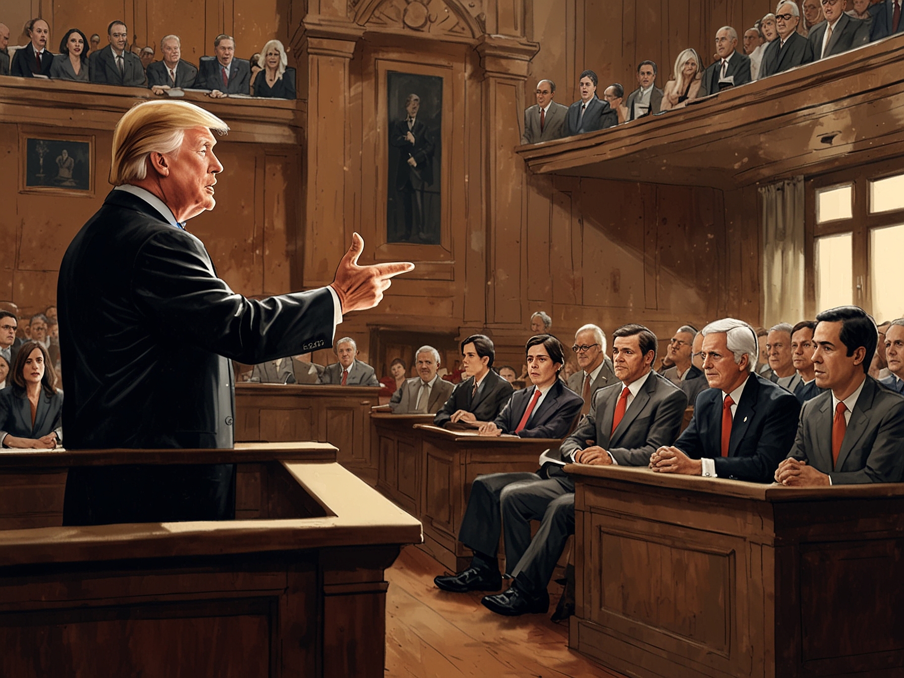 Trump's legal team, led by Todd Blanche, presenting arguments in a busy courtroom, juxtaposed against a backdrop of media frenzy capturing the case's significance and the ongoing political discourse.