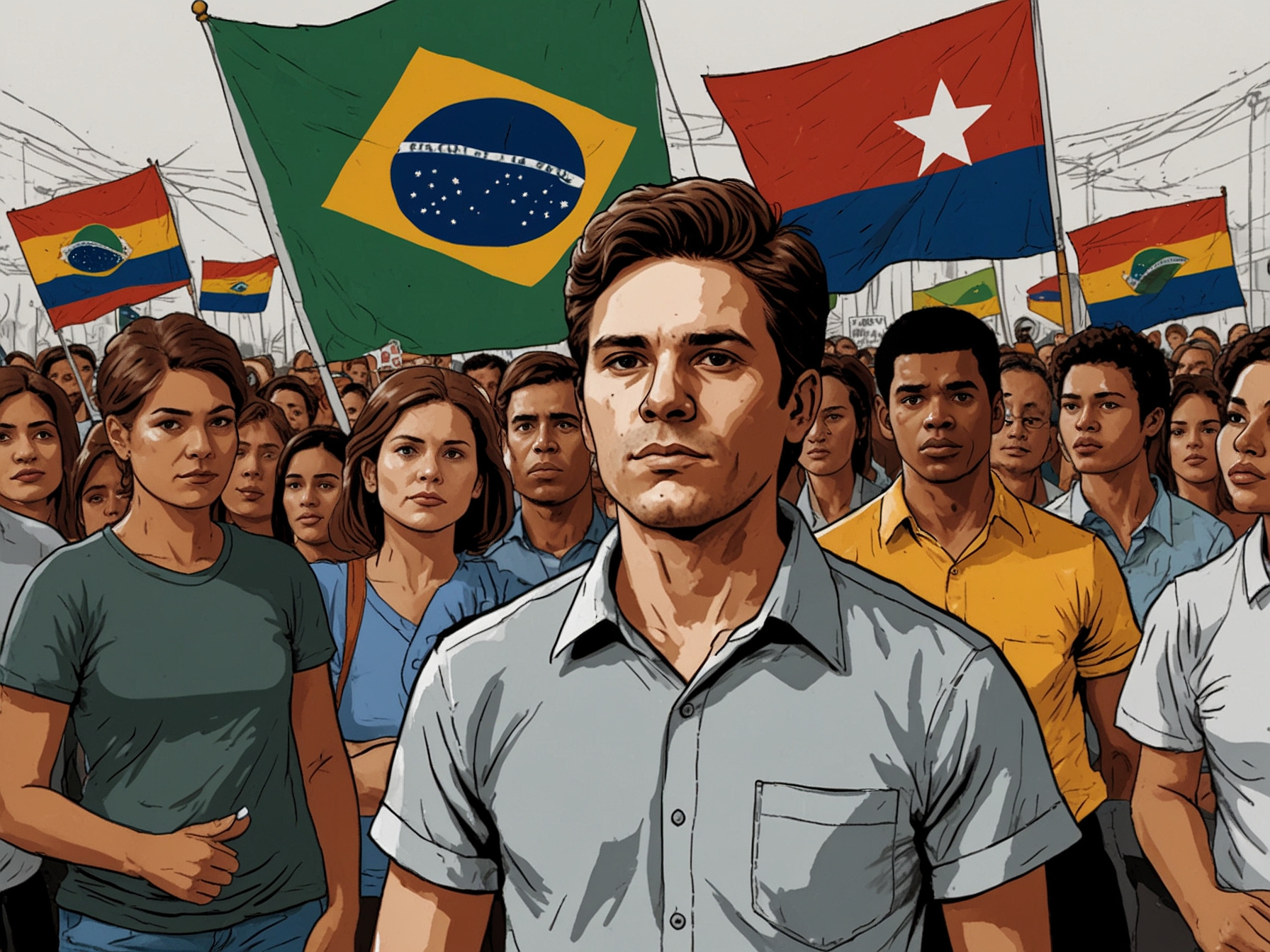 André Janones speaking passionately at a rally, with a group of supporters holding banners that demand accountability from the Liberal Party and promote democratic values in Brazil.