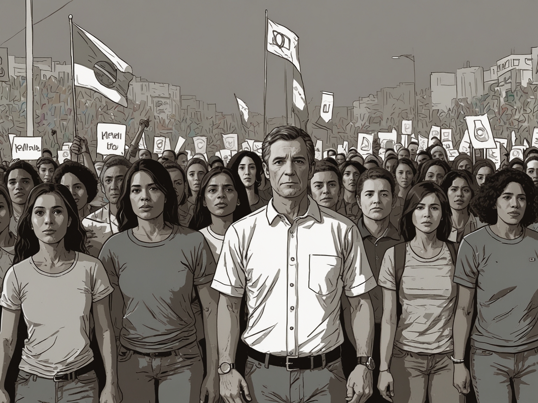 An illustration of the Brazilian Supreme Court surrounded by protestors, symbolizing the tensions between political extremism and the judicial system, emphasizing the struggles for democracy.