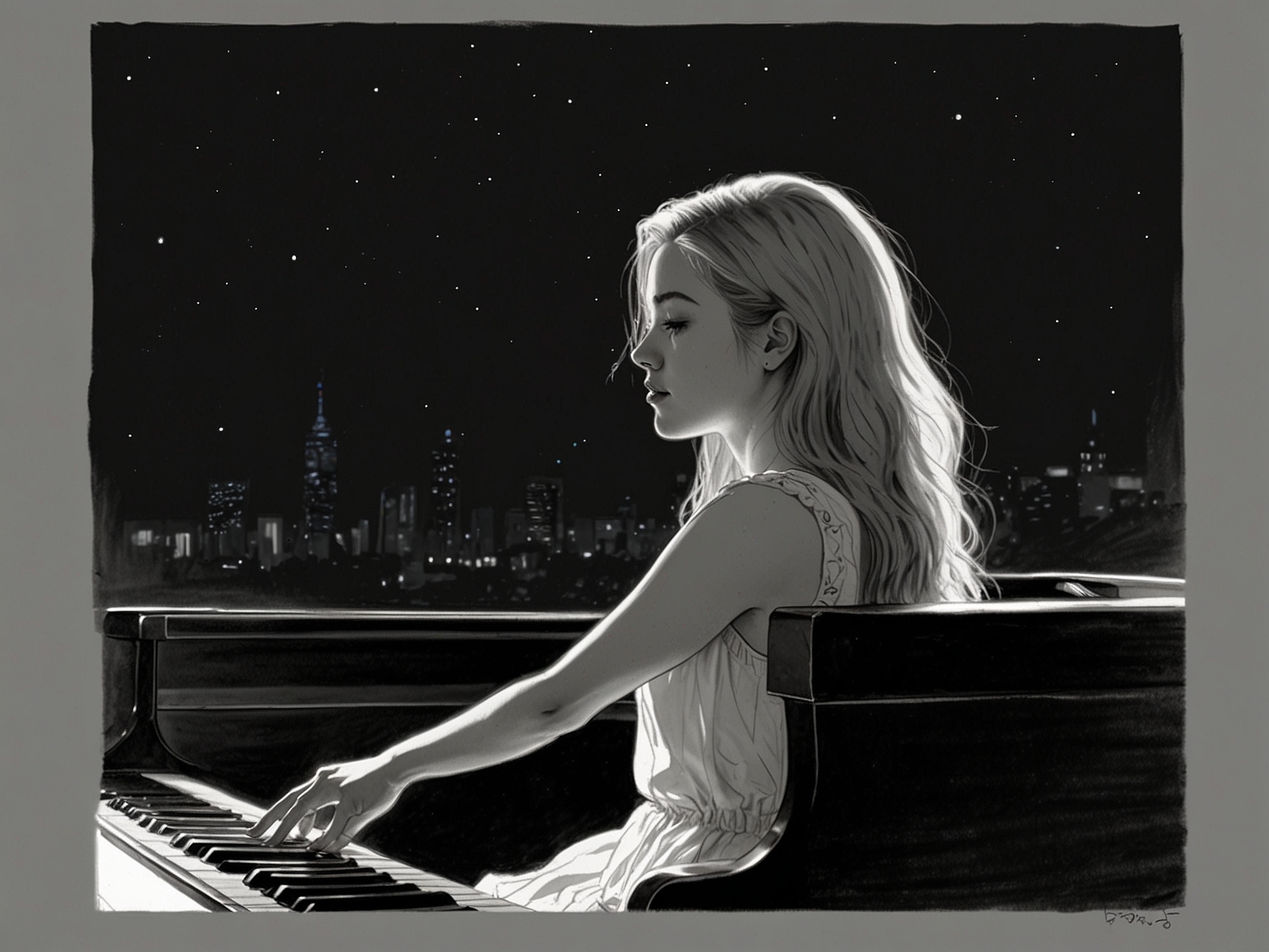 A dimly lit scene of ROSÉ sitting on a piano, lost in thought as she looks out into the night, embodying the emotions of her song 'Number One Girl'.