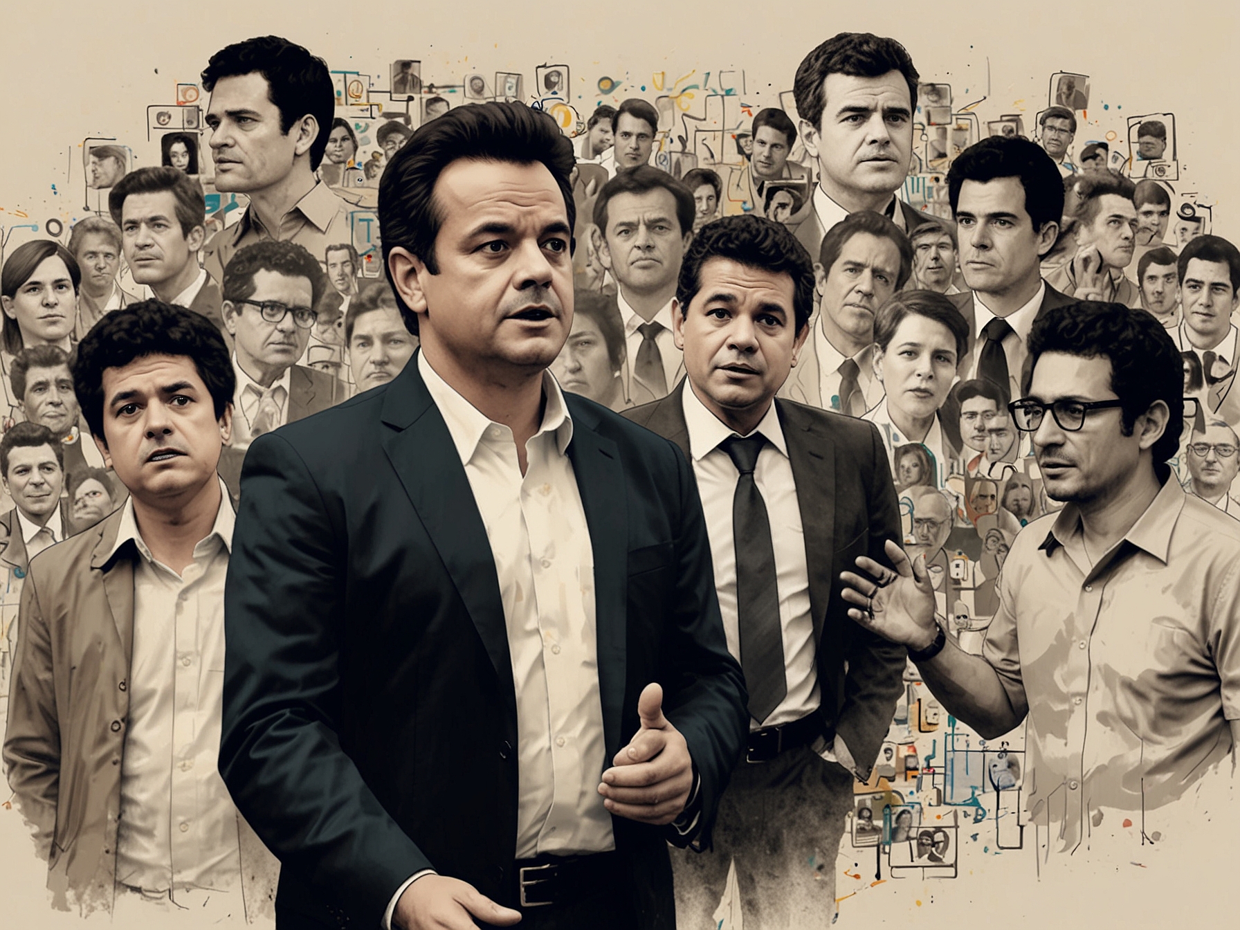 A tense moment captured on social media, featuring an image of Eduardo Paes and Sergio Moro, surrounded by digital social media icons that illustrate their heated exchange and the public's reaction.