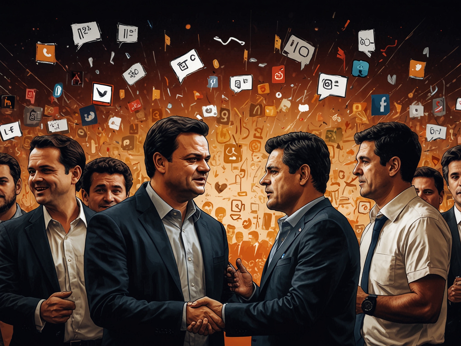 A split image of Eduardo Paes and Sergio Moro, each reacting to insults, with background elements depicting the Brazilian flag, to symbolize the national impact of their allegations on public faith in governance.