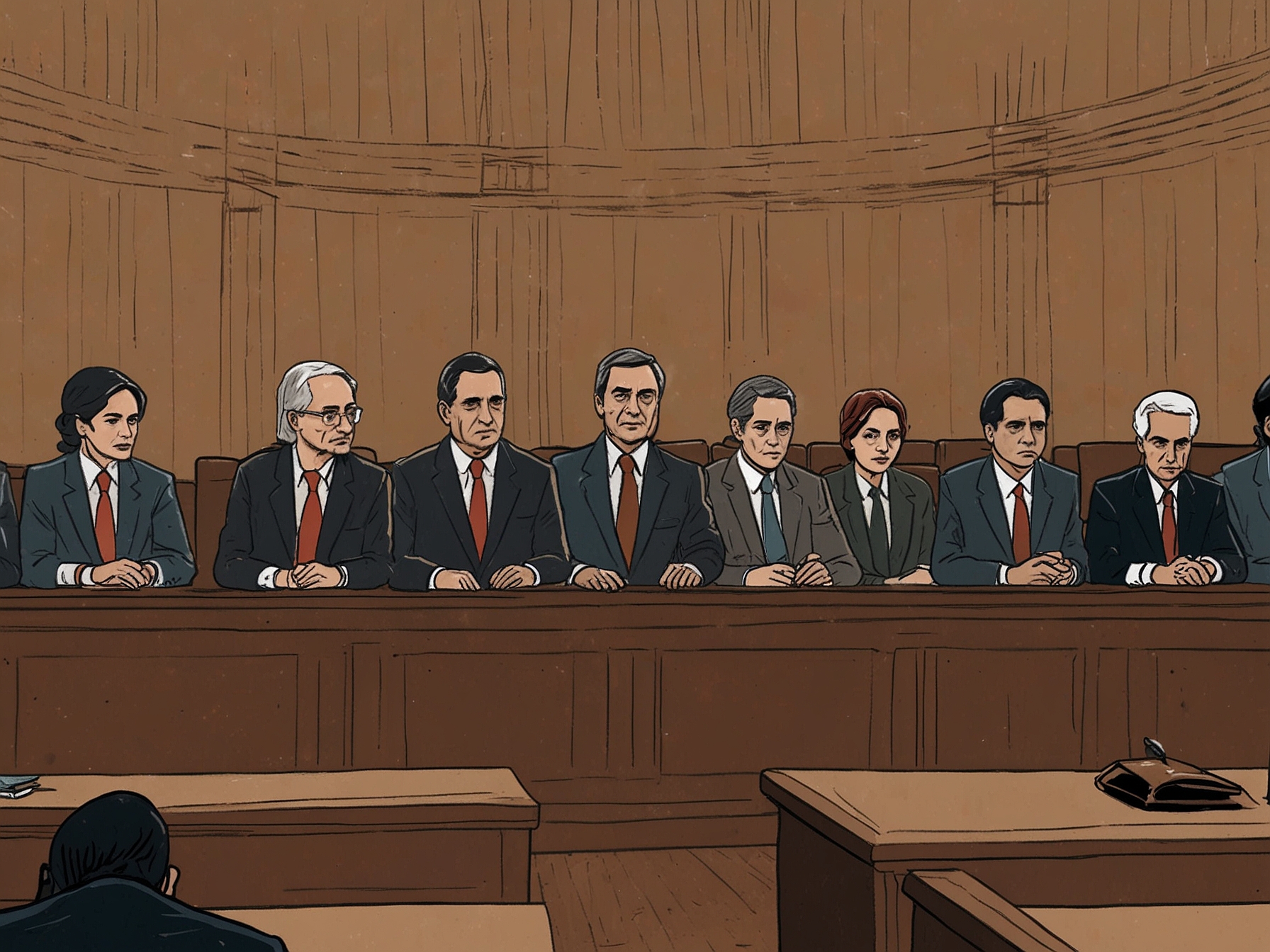 A tense political scene in Brazil featuring prosecutors and defense attorneys in a courtroom, symbolizing the clash between Bolsonaro's supporters and the judicial system amid ongoing legal battles.
