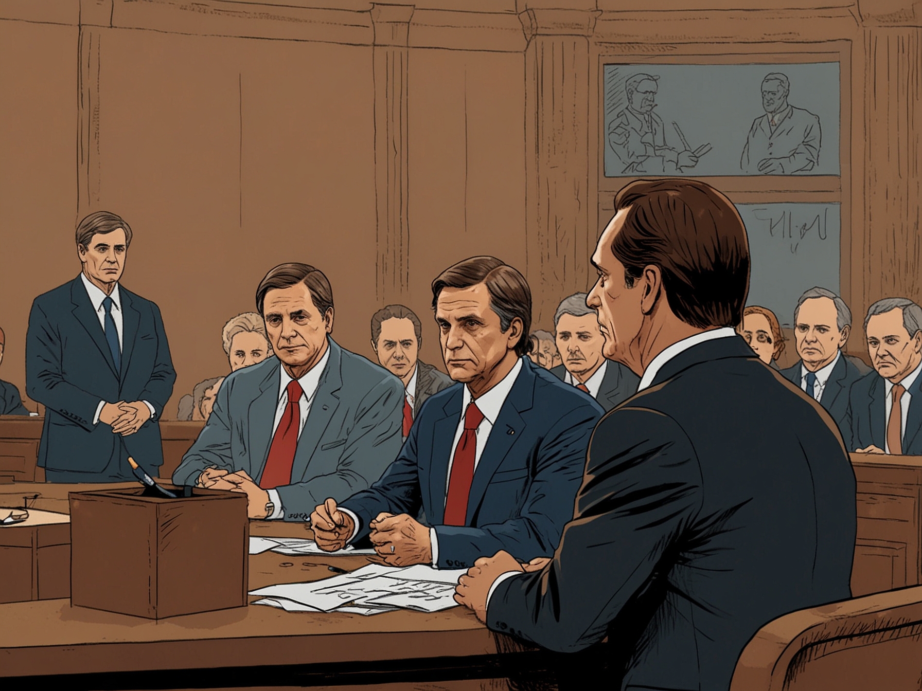 An illustration depicting former President Bolsonaro surrounded by his supporters holding protest signs, showcasing a narrative of victimhood against judicial authorities in Brazil.